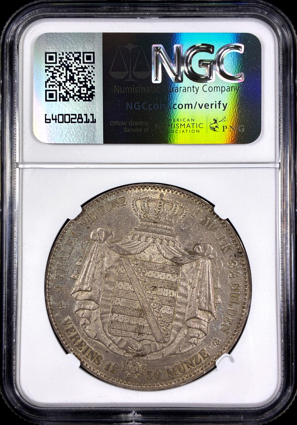 【雨安】【直播拍卖】【第0130期-评级币章】2026-03-28 周六 19:30 (金价981.33, 银价17.11) [评级德国] Germany 德国 德意志 2泰勒 Saxony萨克森 Thun.322 KM#1149 (1839-1854) 弗里德里希·奥古斯特二世 1850年  NGC-AU58 均匀淡美包浆, 底光光感极强, 完全不输MS