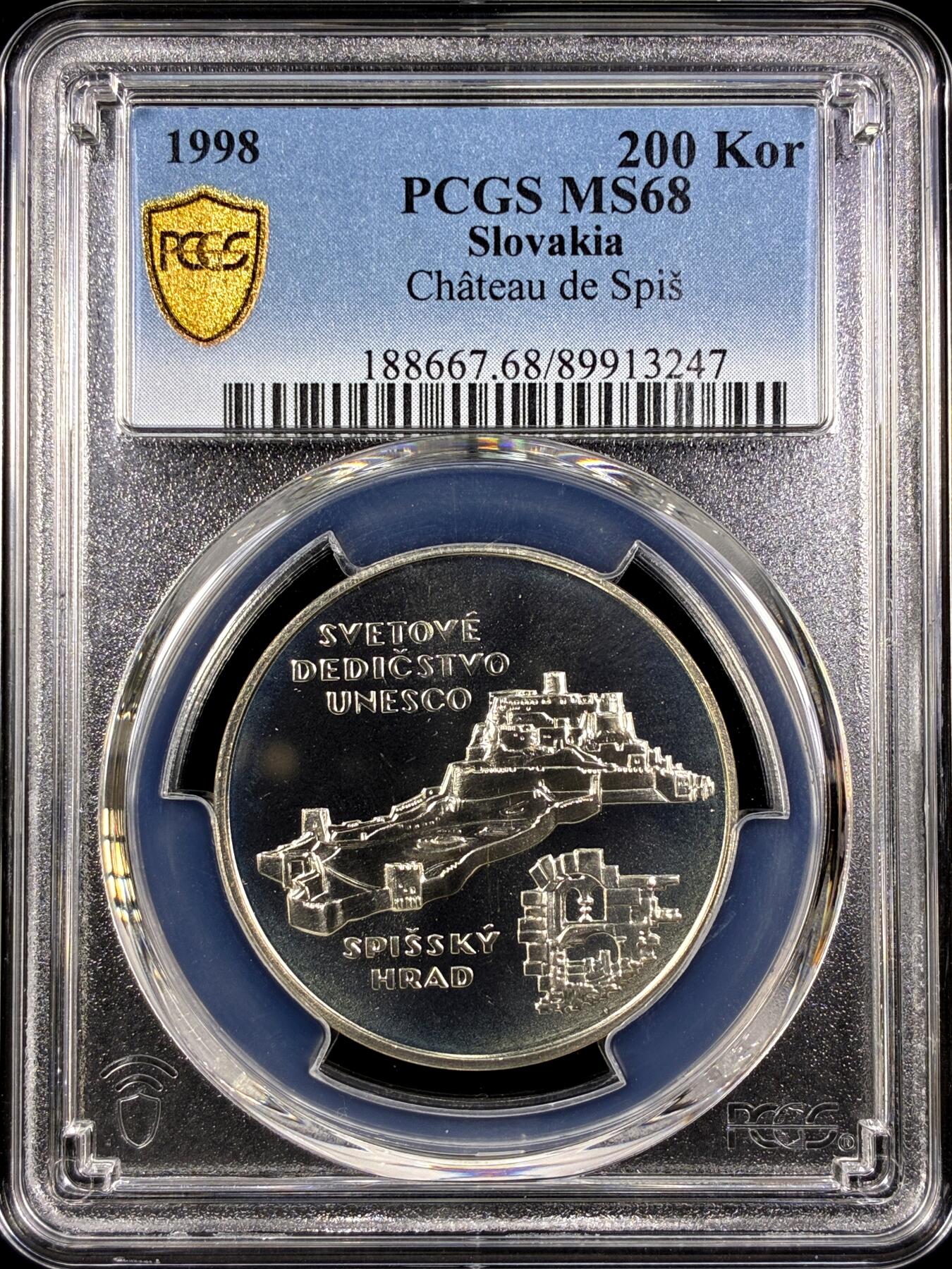 【雨安】【直播拍卖】【第0130期-评级币章】2026-03-28 周六 19:30 (金价981.33, 银价17.11) [评级现代] Slovakia 斯洛伐克 200克朗 1998年 斯皮什城堡  PCGS-MS68