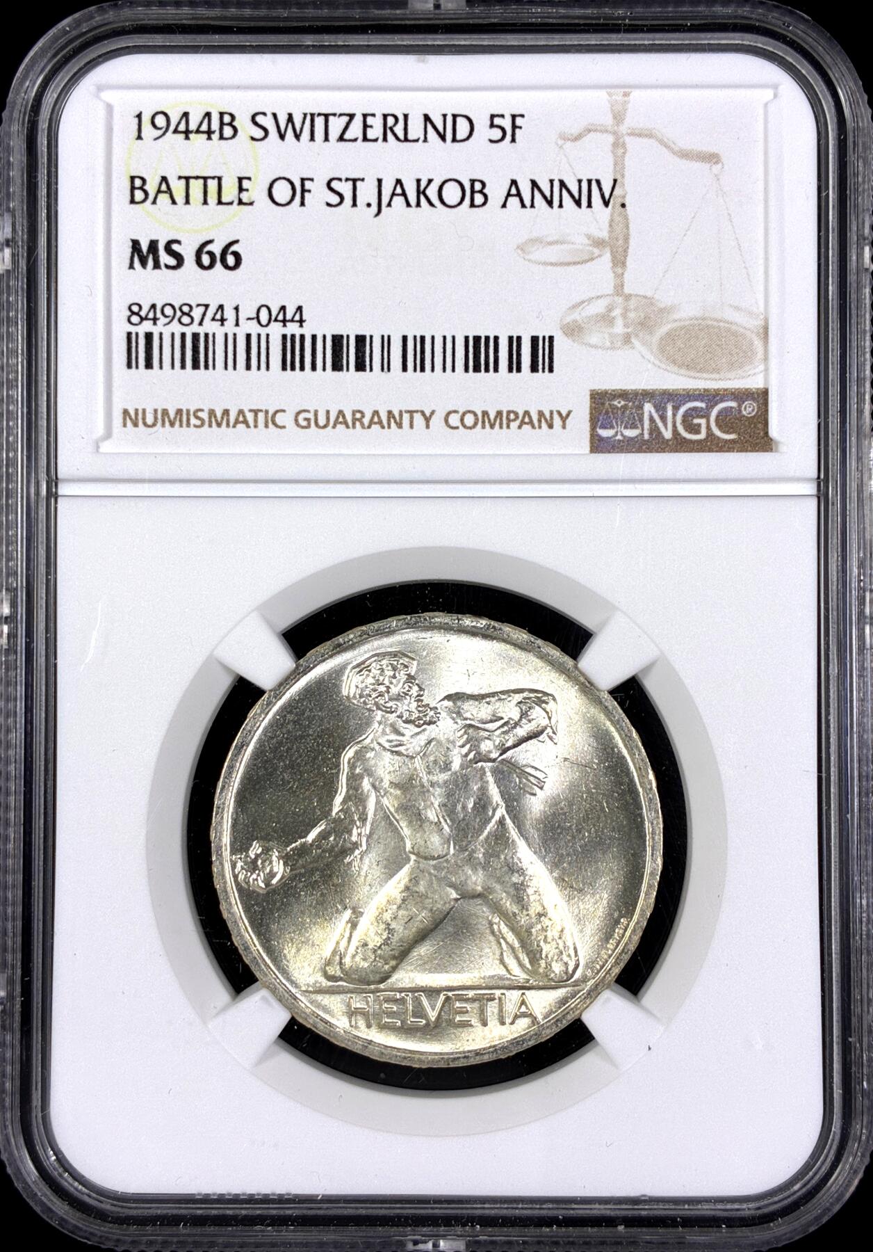 【雨安】【直播拍卖】【第0130期-评级币章】2026-03-28 周六 19:30 (金价981.33, 银价17.11) [评级欧洲] Switzerland 瑞士 5法郎 1944年 圣雅各布比尔斯战役 KM# 45  NGC-MS66