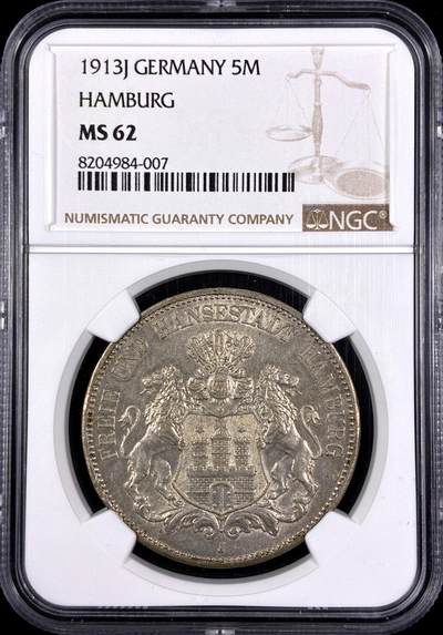 【雨安】【直播拍卖】【第0130期-评级币章】2026-03-28 周六 19:30 (金价981.33, 银价17.11) - [评级德国] Germany 德国 帝国 J.065 汉堡 5马克 (1891-1913) 双狮 1913年  NGC-MS62