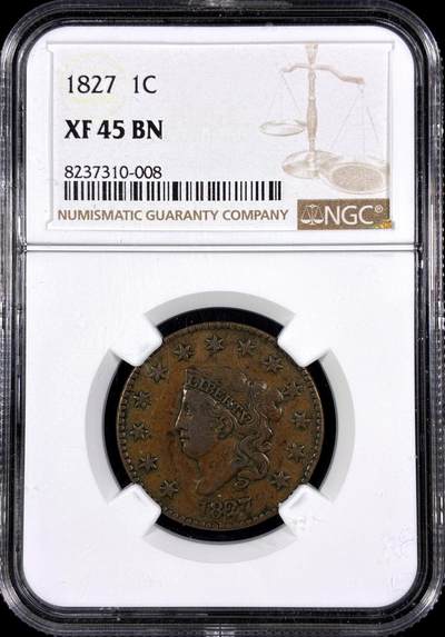 【雨安】【直播拍卖】【第0130期-评级币章】2026-03-28 周六 19:30 (金价981.33, 银价17.11) - [评级美洲] USA 美国 1美分 1827年  NGC-XF45