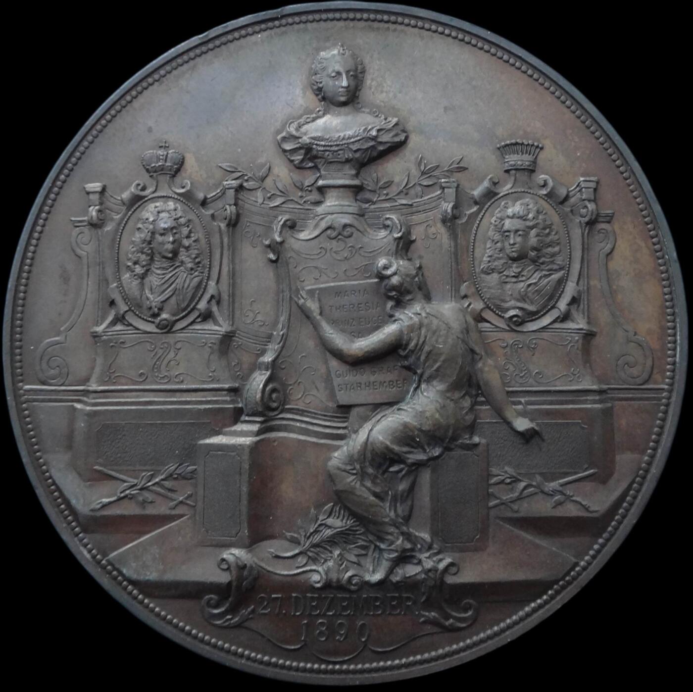 「木头集藏」“春启藏心”——章牌精品专场 Anton Scharff～1890年 奥地利历史学家 阿尔奈特 铜章，MS 62 BN，直径：58 mm，纪念历史学家阿尔弗雷德·冯·阿尔奈特（1819-1897年）在奥地利国家档案馆任职50周年，此时他正在担任馆长一职。  正面是阿尔奈特的肖像，背面摆放着玛丽亚·特蕾莎的雕塑以及欧根亲王、施塔勒姆贝格伯爵的画像，历史女神正在书写他们的功绩。