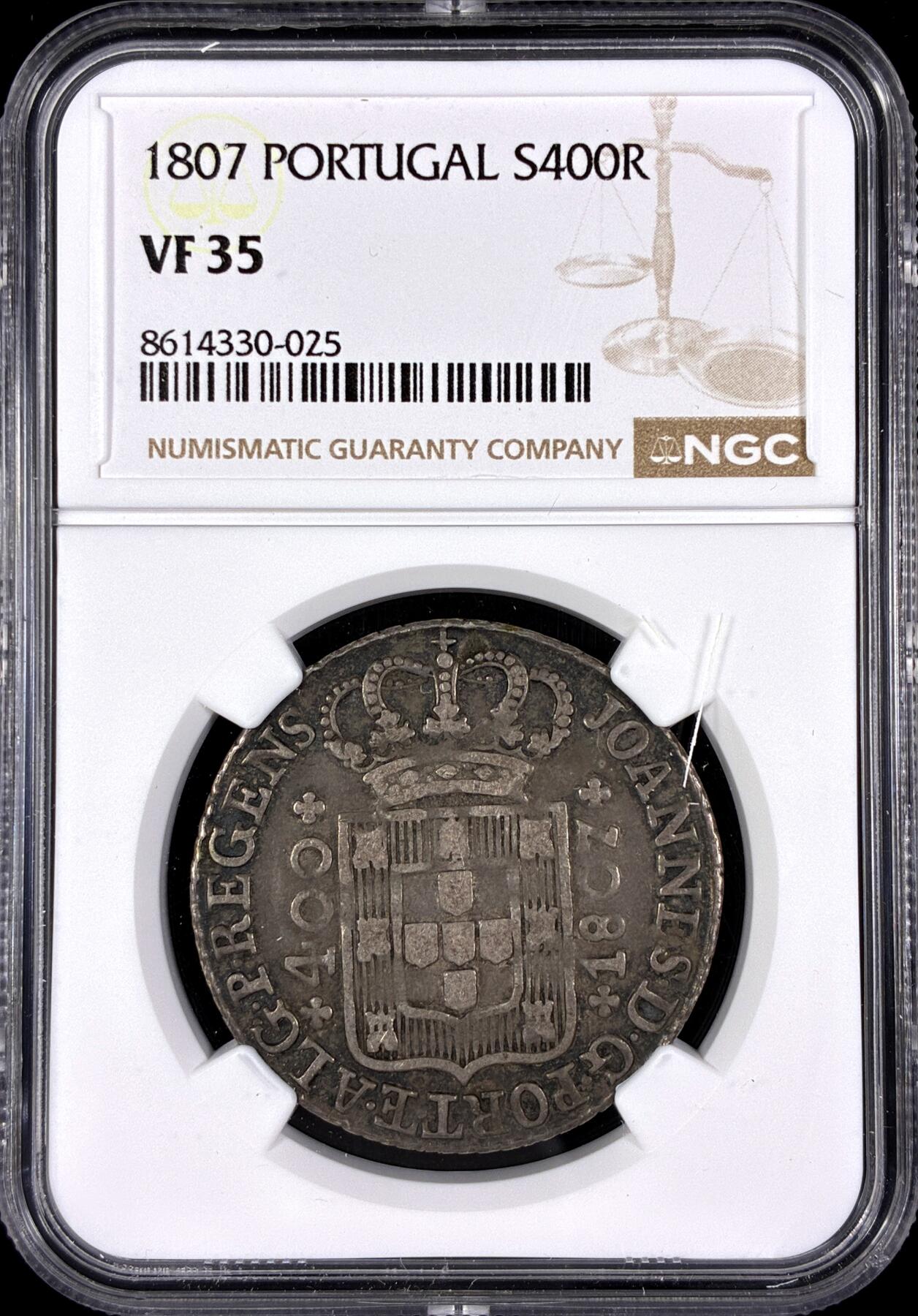 【雨安】【直播拍卖】【第0130期-评级币章】2026-03-28 周六 19:30 (金价981.33, 银价17.11) [评级欧洲] Portugal 葡萄牙 400瑞斯 KM#0331 (1802-1816) 若昂摄政王 1807年  NGC-VF35