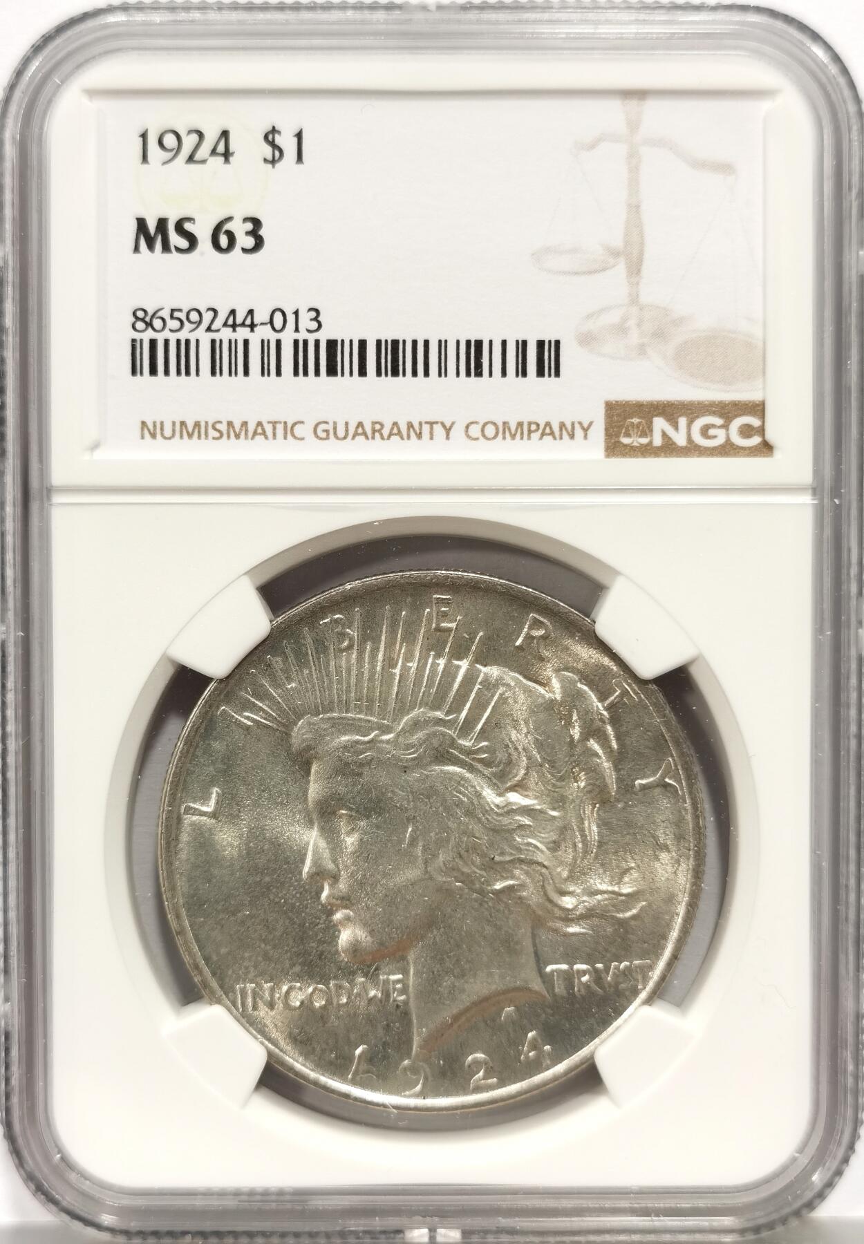 博洋堂“芳菲春韵”3月精品大拍专场暨第166期（全场包邮） NGC MS63 美国1924年和平银币，车轮光好品，淡黄油包浆，状态不输64，略少见的年份。