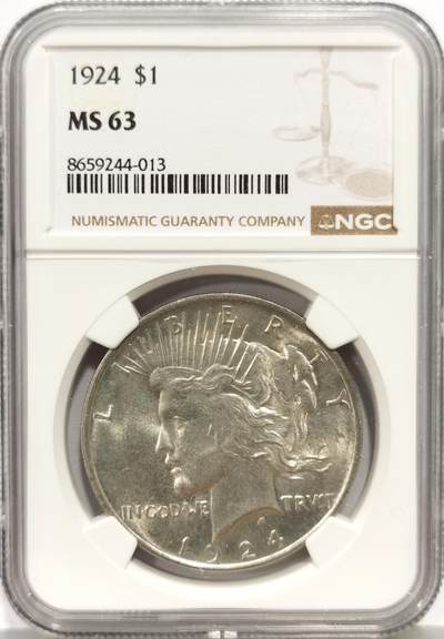 博洋堂“芳菲春韵”3月精品大拍专场暨第166期（全场包邮） - NGC MS63 美国1924年和平银币，车轮光好品，淡黄油包浆，状态不输64，略少见的年份。