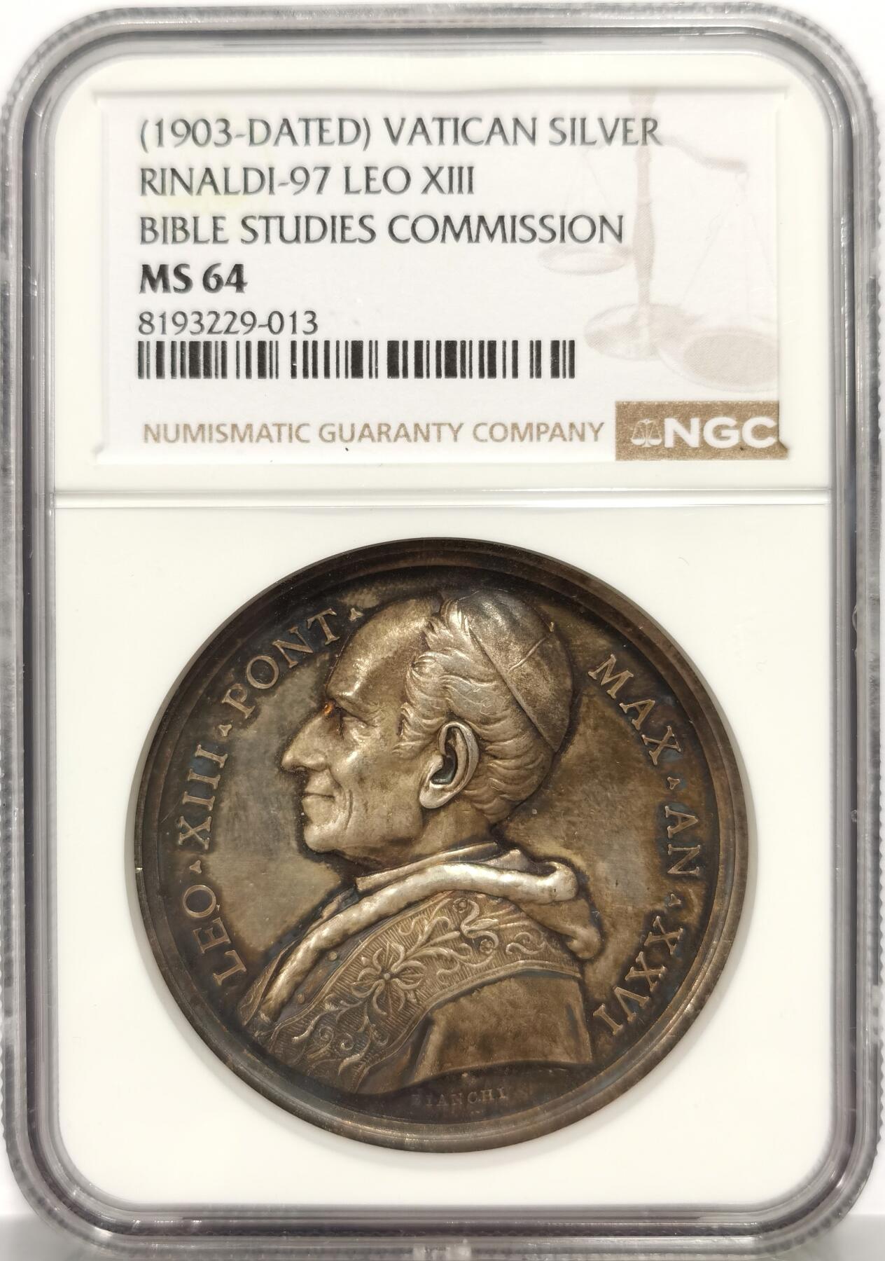 博洋堂“芳菲春韵”3月精品大拍专场暨第166期（全场包邮） NGC MS64 教皇国梵蒂冈1903年利奥十三世成立圣经研究委员会纪念大银章，五彩包浆  冠军分，加厚盒