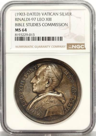 博洋堂“芳菲春韵”3月精品大拍专场暨第166期（全场包邮） - NGC MS64 教皇国梵蒂冈1903年利奥十三世成立圣经研究委员会纪念大银章，五彩包浆  冠军分，加厚盒