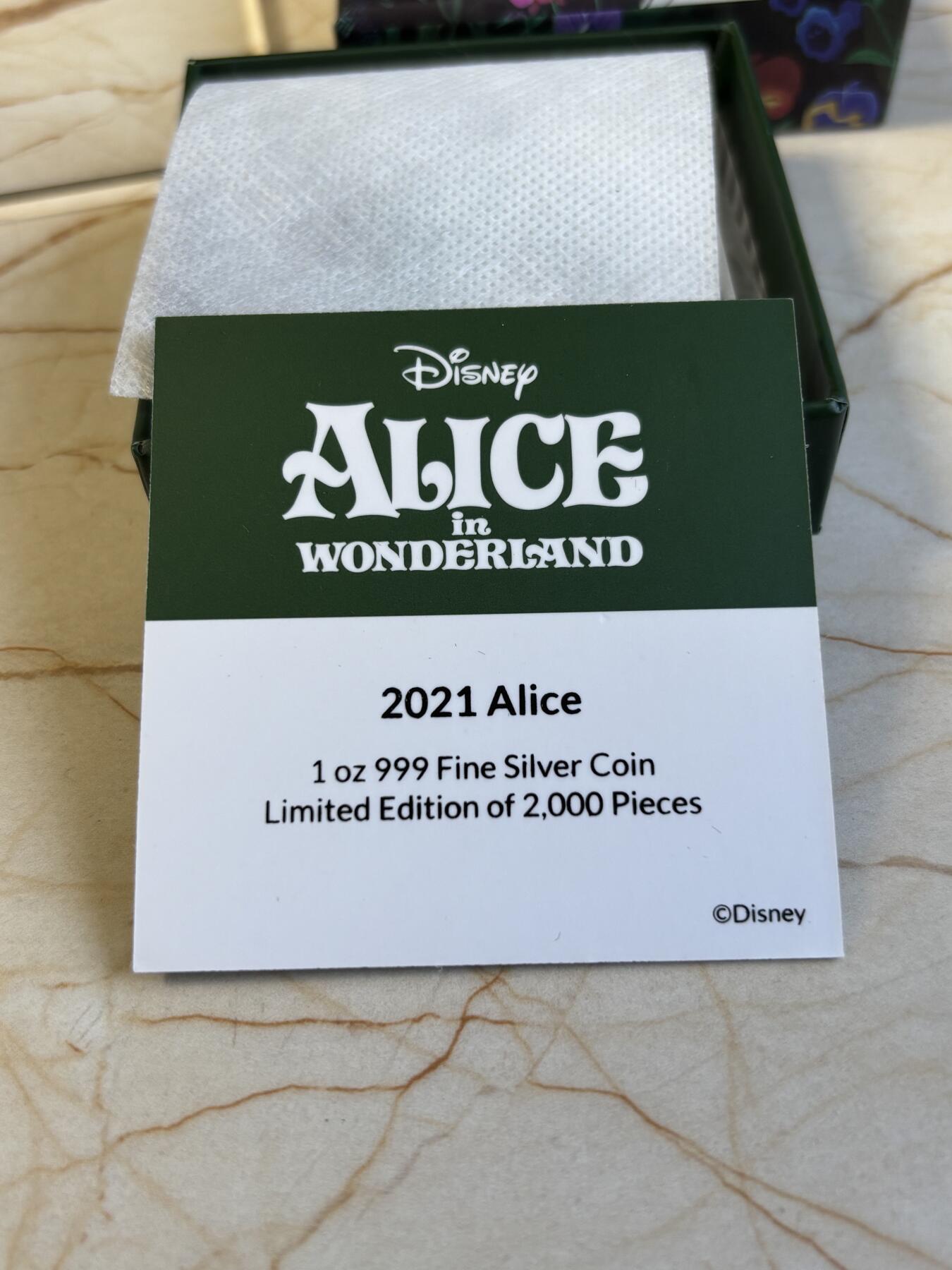 第195期拍卖 纽埃2021年迪士尼爱丽丝梦游仙境-爱丽丝彩银币，999银，1盎司，发行2000枚