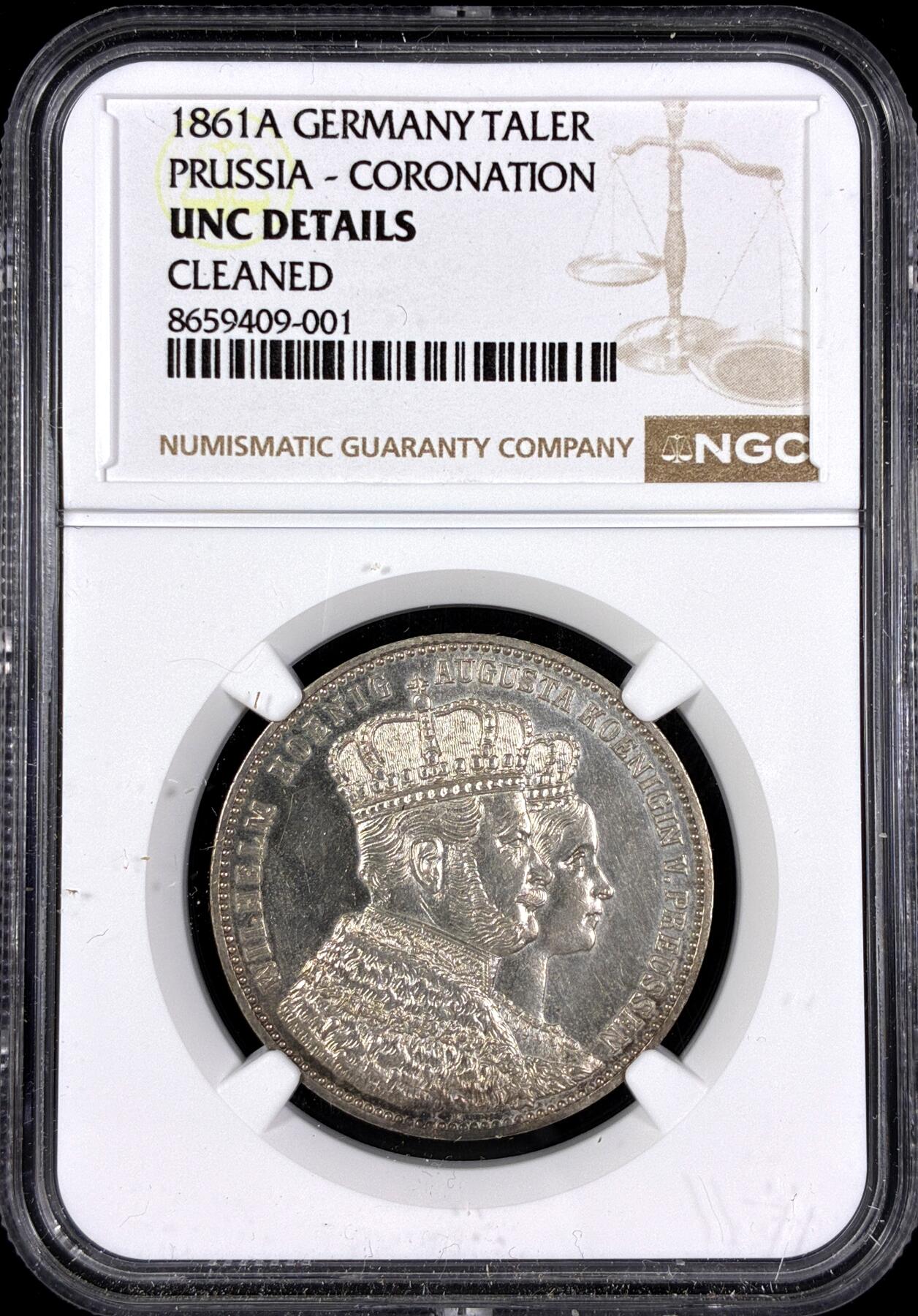 【雨安】【直播拍卖】【第0130期-评级币章】2026-03-28 周六 19:30 (金价981.33, 银价17.11) [评级德国] Germany 德国 德意志 1泰勒 Prussia普鲁士 Thun.265, KM# 488 (1861) 威廉一世.登基 1861年  NGC-UNC