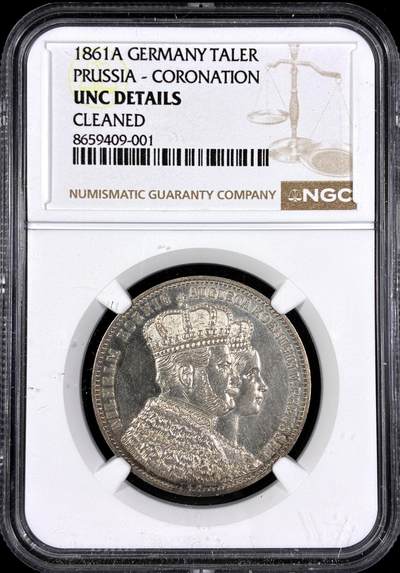 【雨安】【直播拍卖】【第0130期-评级币章】2026-03-28 周六 19:30 (金价981.33, 银价17.11) - [评级德国] Germany 德国 德意志 1泰勒 Prussia普鲁士 Thun.265, KM# 488 (1861) 威廉一世.登基 1861年  NGC-UNC