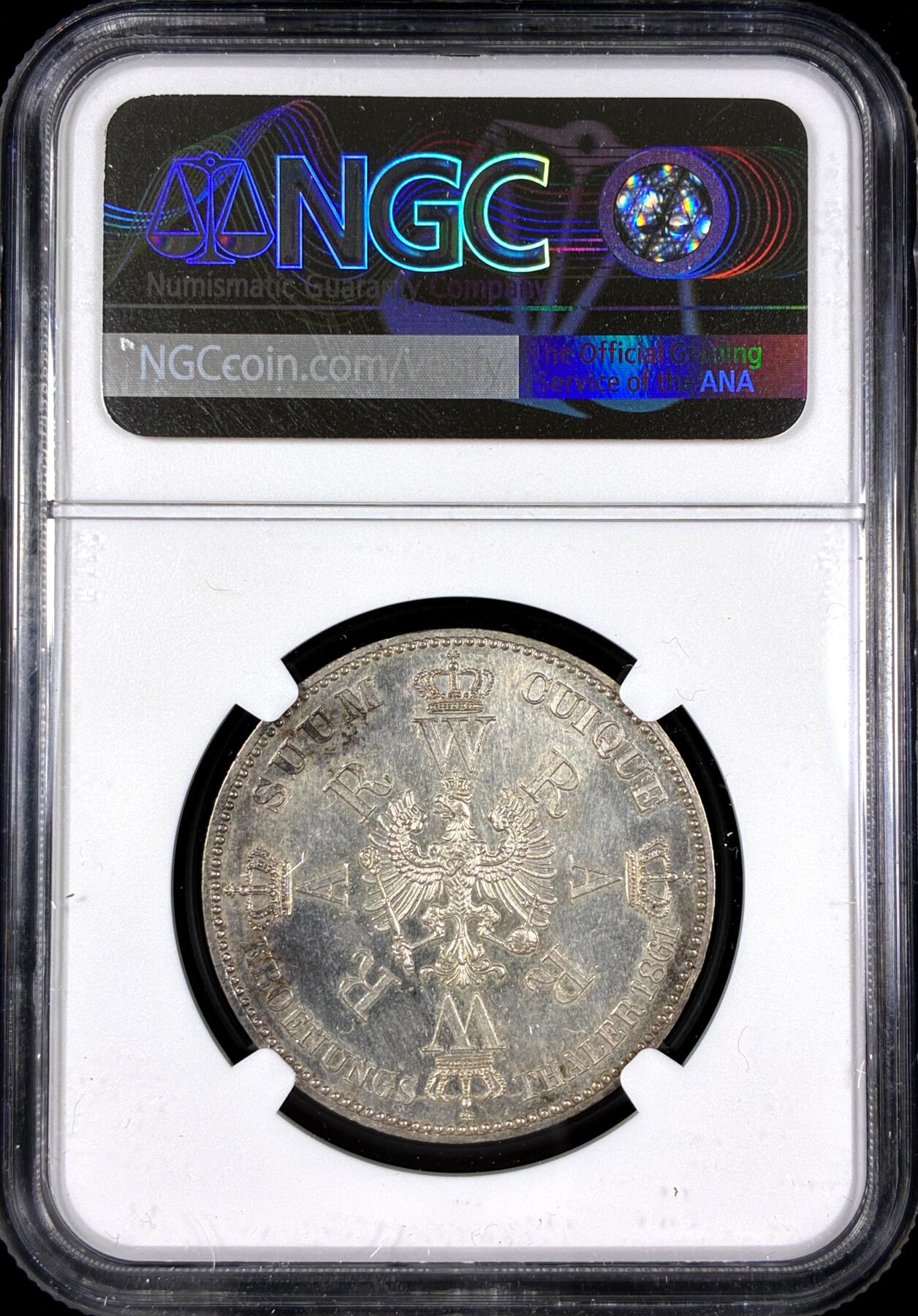 【雨安】【直播拍卖】【第0130期-评级币章】2026-03-28 周六 19:30 (金价981.33, 银价17.11) [评级德国] Germany 德国 德意志 1泰勒 Prussia普鲁士 Thun.265, KM# 488 (1861) 威廉一世.登基 1861年  NGC-UNC