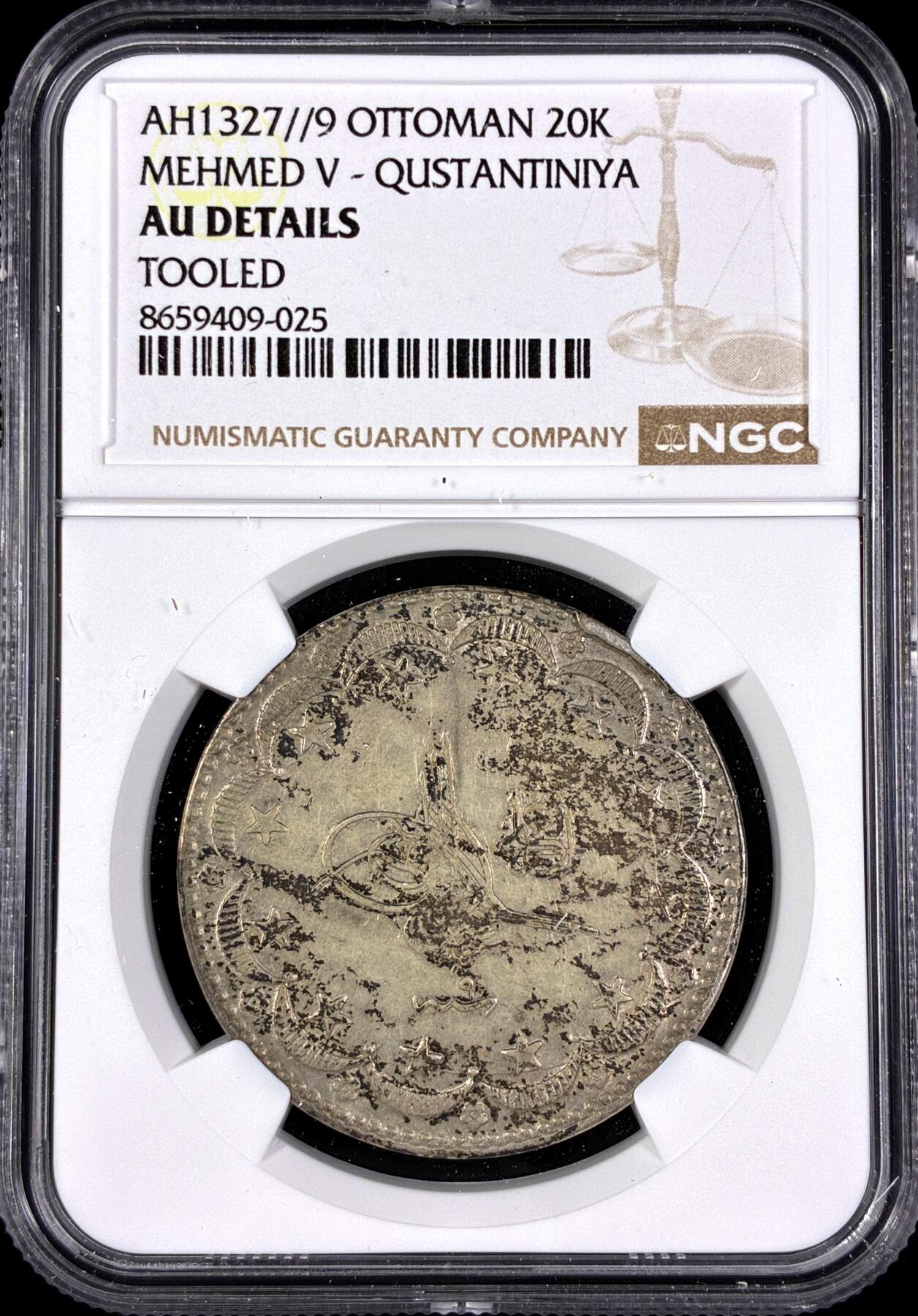 【雨安】【直播拍卖】【第0130期-评级币章】2026-03-28 周六 19:30 (金价981.33, 银价17.11) [评级欧洲] Turkey 土耳其 奥斯曼帝国 穆罕默德五世 20K AH1327//9  NGC-AU