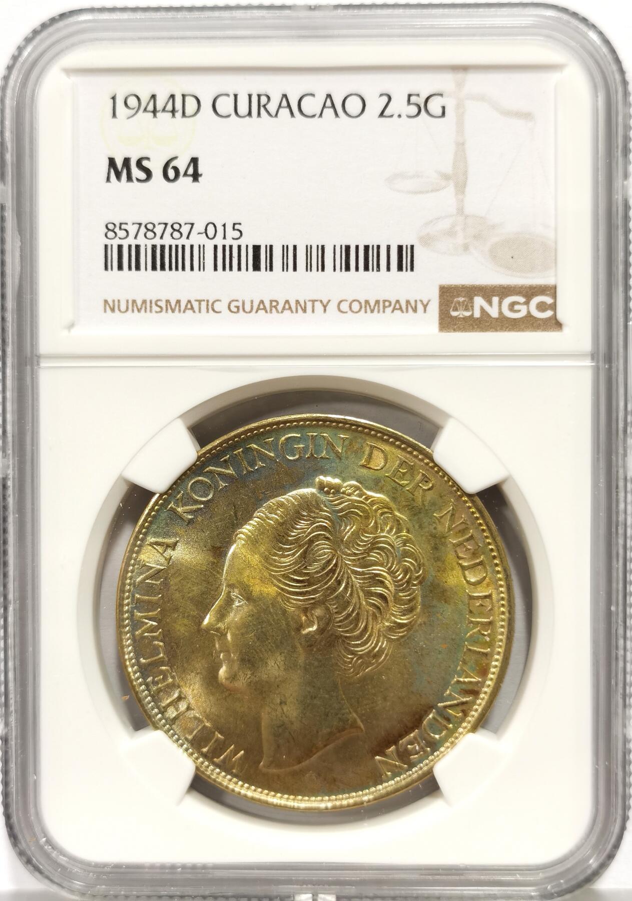博洋堂“芳菲春韵”3月精品大拍专场暨第166期（全场包邮） NGC MS64 荷属库拉索1944年2.5盾银币 黄油彩转光强烈