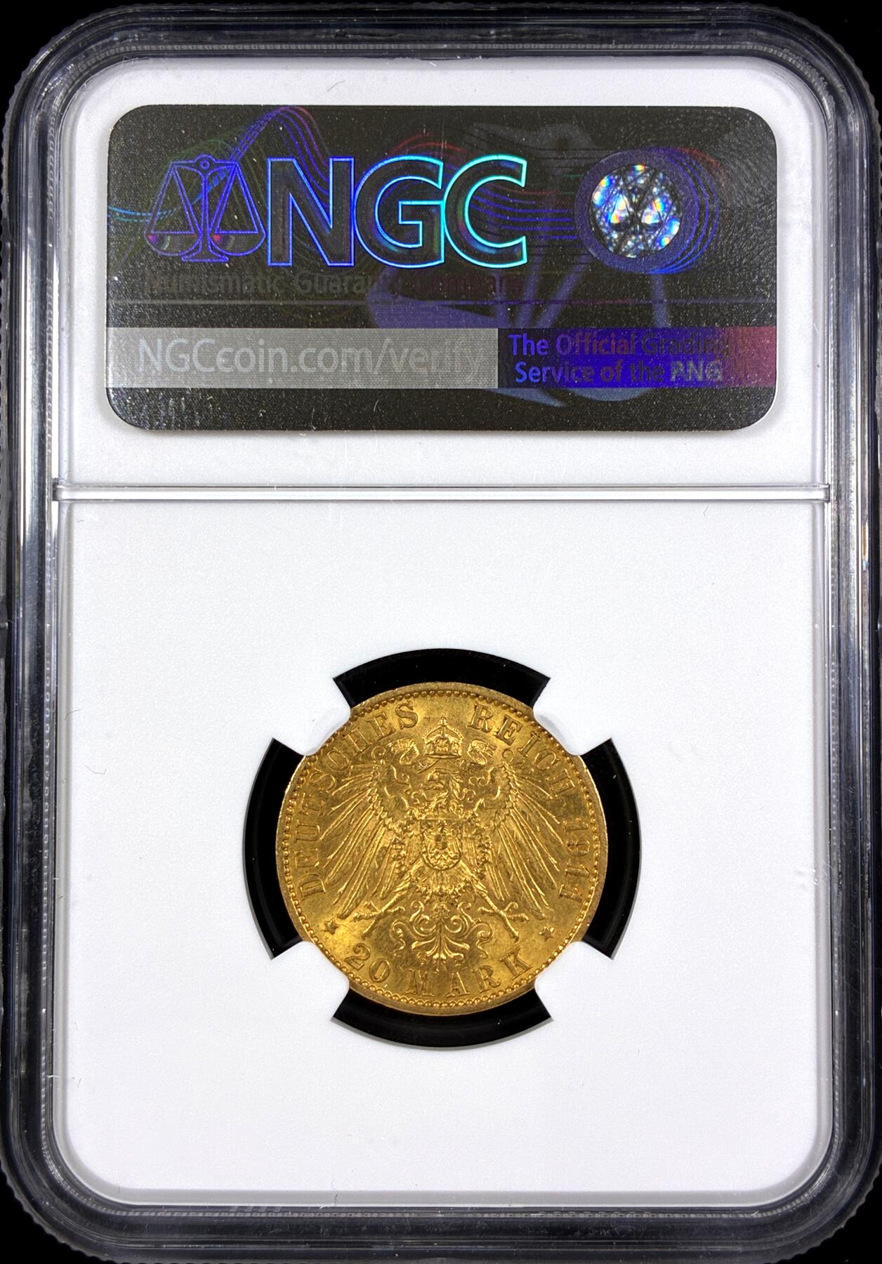 【雨安】【直播拍卖】【第0130期-评级币章】2026-03-28 周六 19:30 (金价981.33, 银价17.11) [评级金铂] Germany [金币] 德国 帝国 J.226 Hesse-Darmstadt黑森-达姆施塔特 20马克 ( 1905-1911) 恩斯特·路德维希 1911年  NGC-UNC 光度极佳, 严评 稀少德国20马克品种