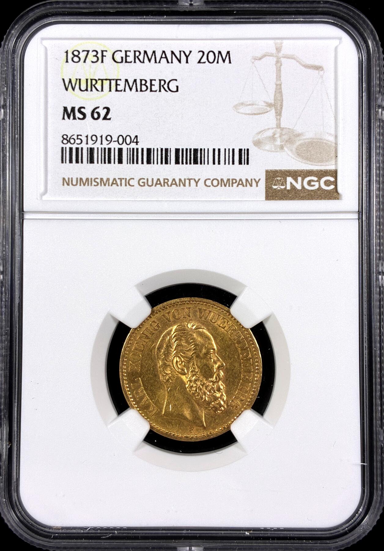 【雨安】【直播拍卖】【第0130期-评级币章】2026-03-28 周六 19:30 (金价981.33, 银价17.11) [评级金铂] Germany [金币] 德国 帝国 J.290 Wurttemberg符腾堡 20马克 (1872-1873) 卡尔 1873年  NGC-MS62