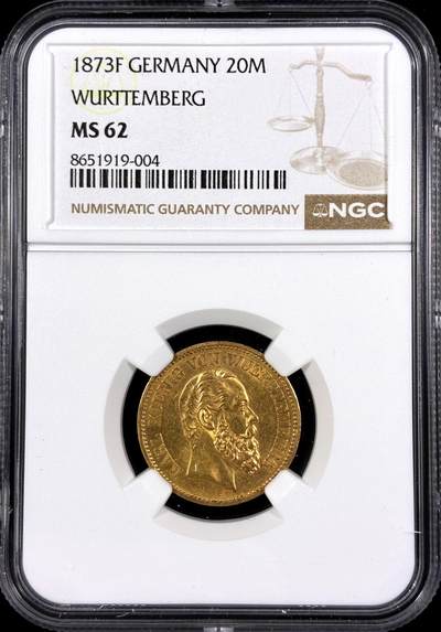 【雨安】【直播拍卖】【第0130期-评级币章】2026-03-28 周六 19:30 (金价981.33, 银价17.11) - [评级金铂] Germany [金币] 德国 帝国 J.290 Wurttemberg符腾堡 20马克 (1872-1873) 卡尔 1873年  NGC-MS62