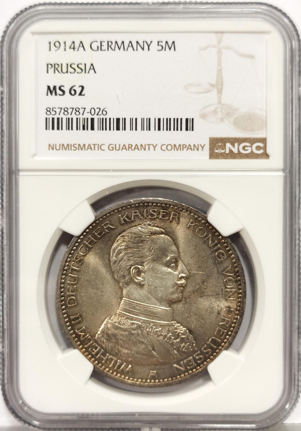 博洋堂“芳菲春韵”3月精品大拍专场暨第166期（全场包邮） NGC MS62 德国普鲁士1914年威廉二世军装5马克银币 浅黄彩光感饱满