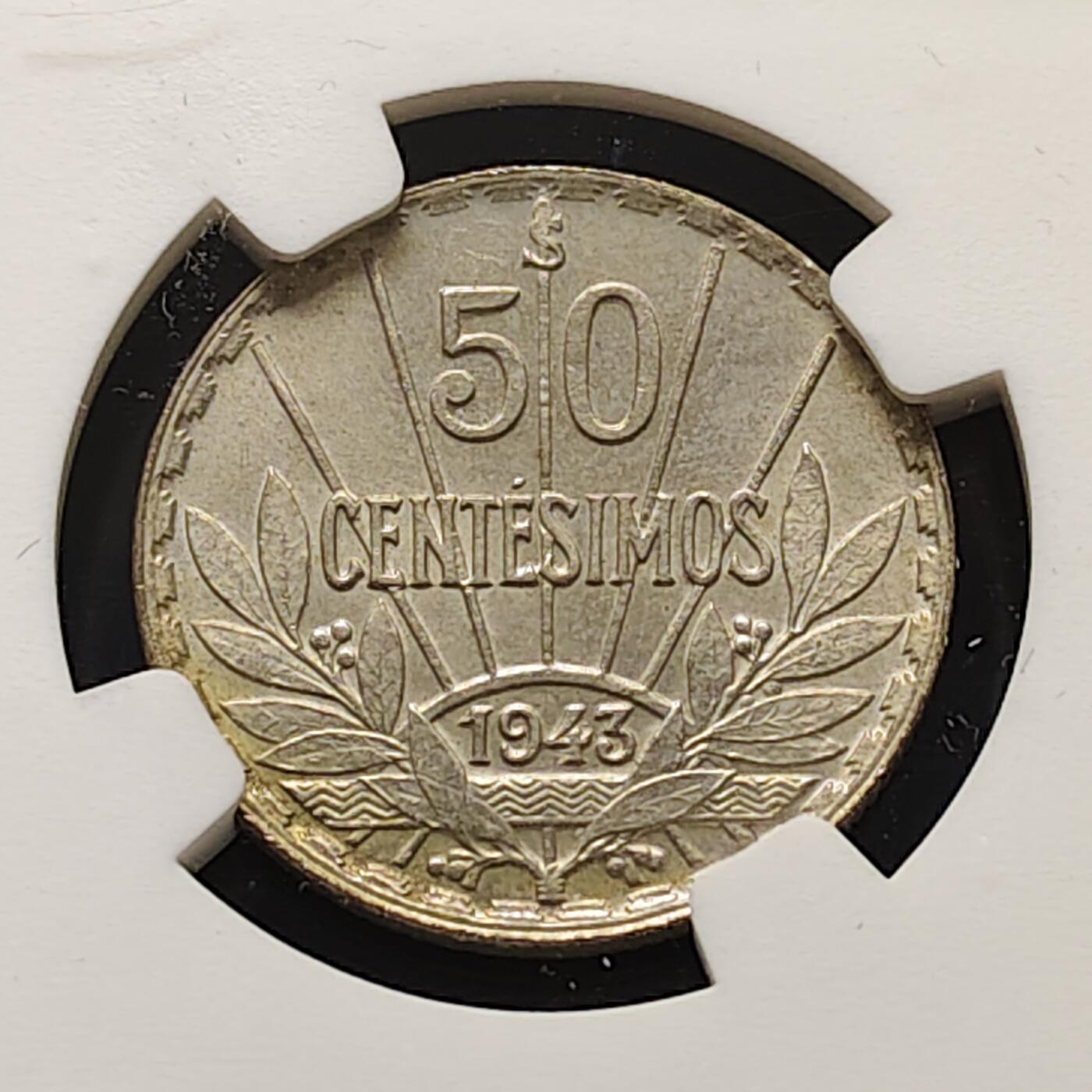 【全场包邮】纯粹捡漏拍515场 乌拉圭1943年50分银币【24毫米7克72%】-NGC MS64