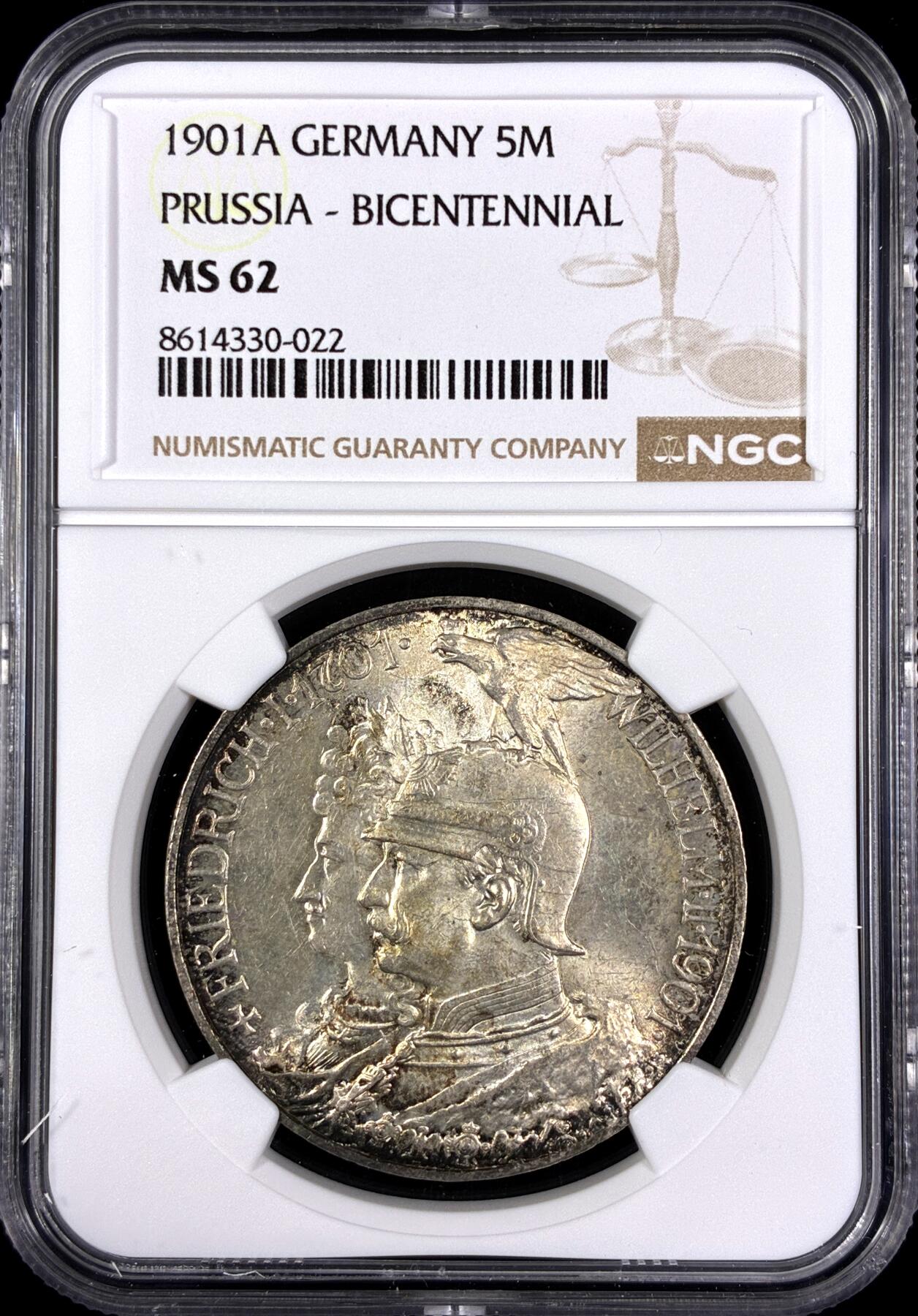 【雨安】【直播拍卖】【第0130期-评级币章】2026-03-28 周六 19:30 (金价981.33, 银价17.11) [评级德国] Germany 德国 帝国 J.106 普鲁士 5马克 (1901) 建国 1901年  NGC-MS62