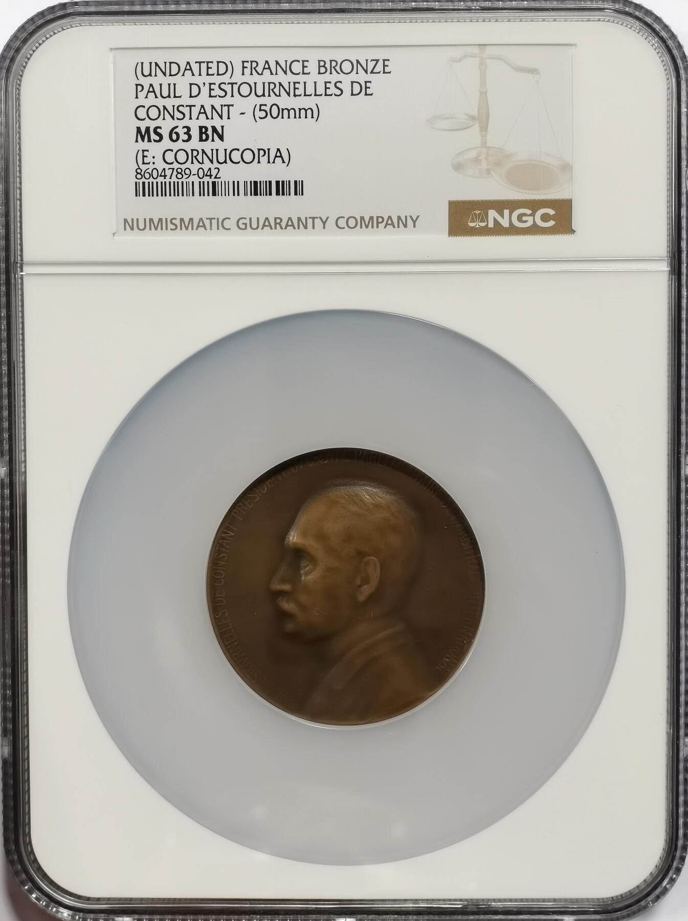 博洋堂“芳菲春韵”3月精品大拍专场暨第166期（全场包邮） NGC MS63BN 法国政治家和外交家保罗·德斯特恩内勒·德·孔斯坦纪念大铜章，50mm