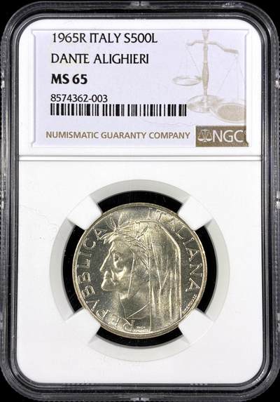 【雨安】【直播拍卖】【第0130期-评级币章】2026-03-28 周六 19:30 (金价981.33, 银价17.11) - [评级欧洲] Italy 意大利 500里拉 1965年 意大利语之父但丁·阿利吉耶里  NGC-MS65
