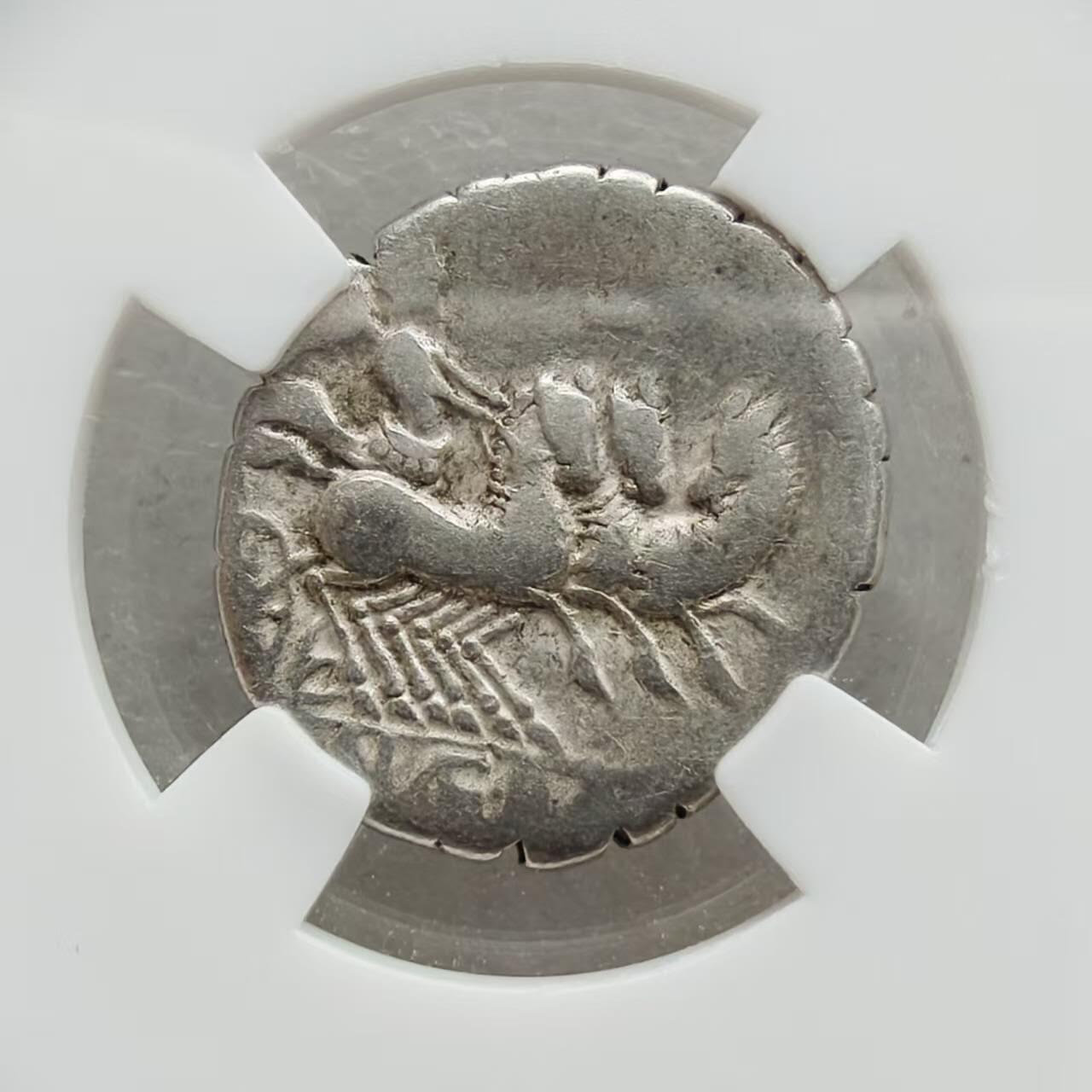 瓶子🏺第234期拍卖会  古罗马共和时代狄纳里银币，发行于公元前79年，由制币官C. Naevius Balbus主持铸造，正面为爱与美之神维纳斯的侧面头像，发丝与冠饰刻画细腻。背面为胜利女神驾驭驷马战车的动态场景，是罗马扩张时期精神的缩影。重3.72克。边缘带有锯齿纹，是古罗马为防止剪边盗银而设计的防伪工艺，体现了当时造币技术的成熟。