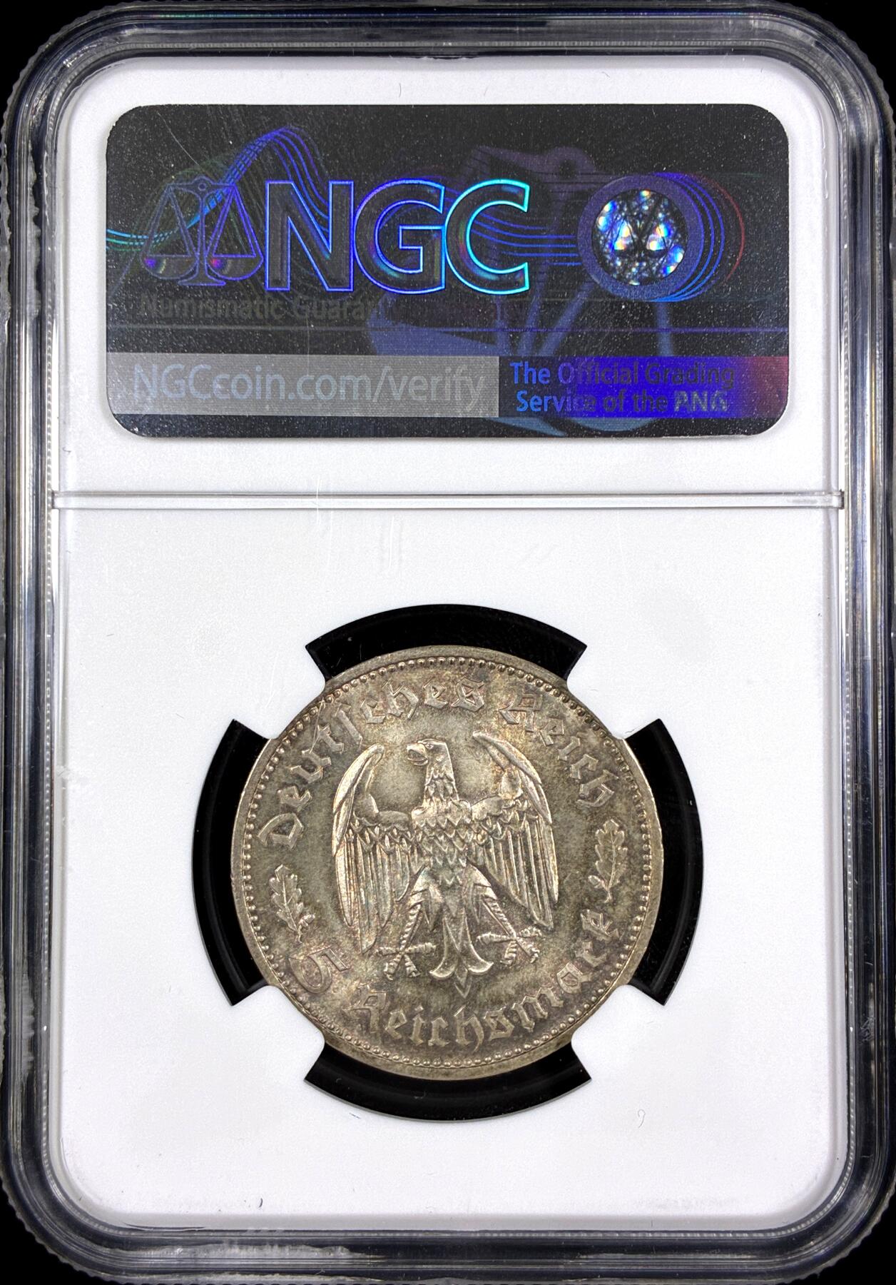 【雨安】【直播拍卖】【第0130期-评级币章】2026-03-28 周六 19:30 (金价981.33, 银价17.11) [评级德国] Germany 德国 第三帝国 5马克 KM#0085 (1934) 席勒 1934年F  NGC-MS63