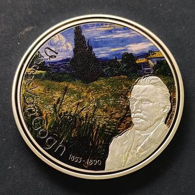 【全场包邮】纯粹捡漏拍515场 - 【稀少】加蓬2020年1000法郎文森特·梵·高杰作系列《麦田与丝柏》50毫米50克精制镀银纪念币-量2500