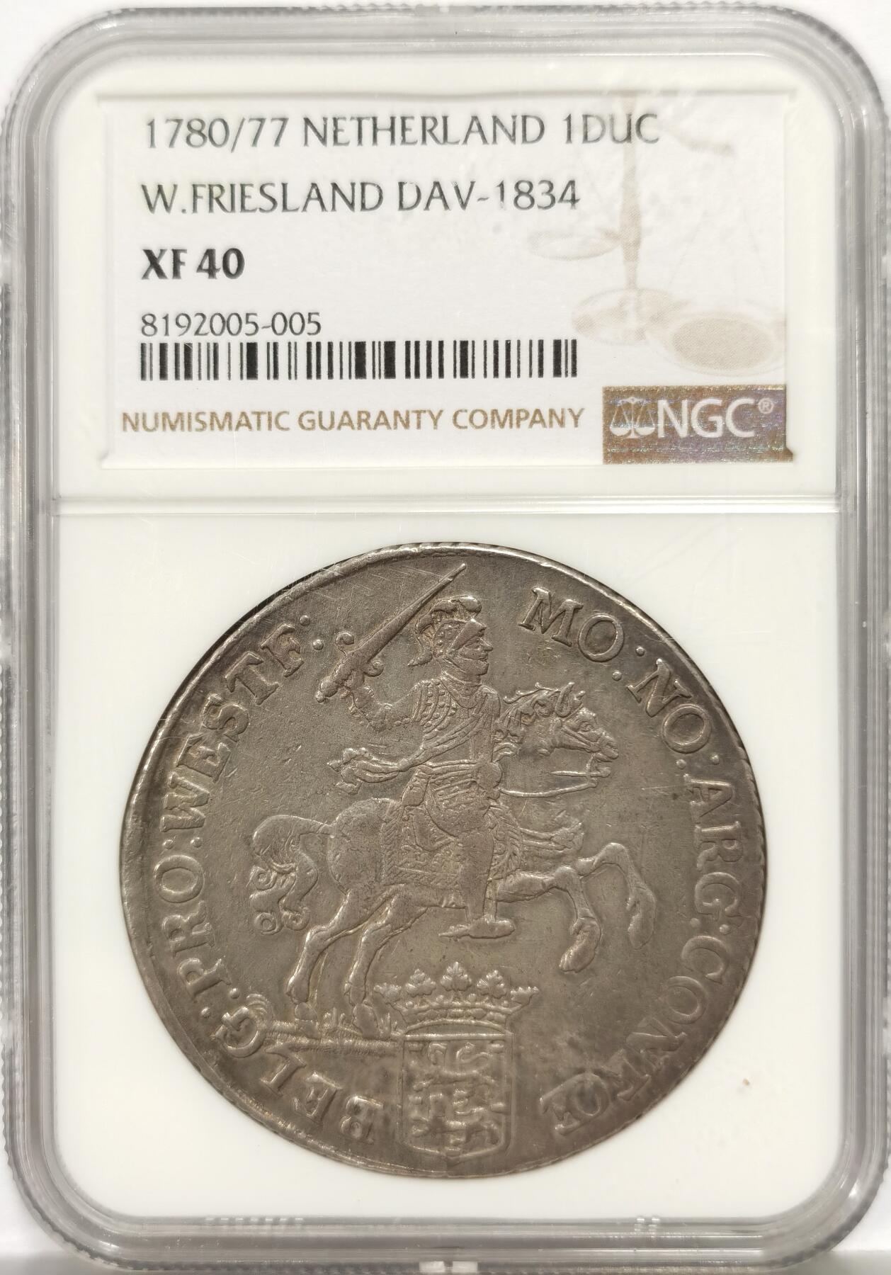博洋堂“芳菲春韵”3月精品大拍专场暨第166期（全场包邮） NGC XF40 荷兰1780/77年1杜卡特马剑大银币，稀少的西弗里斯兰省+稀少的骑字版本，打制深峻，原味银光，正面骑士、字母非常清晰，背面狮子栩栩如生，整枚币无弱打，有望博更高分。