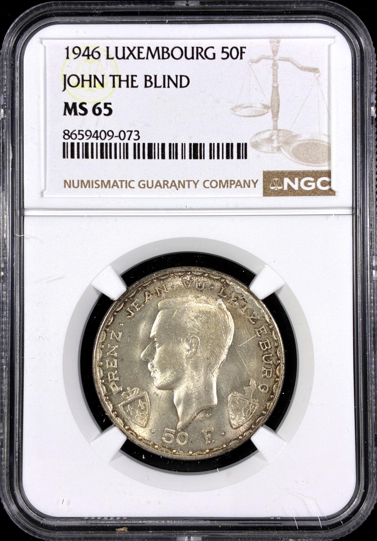 【雨安】【直播拍卖】【第0130期-评级币章】2026-03-28 周六 19:30 (金价981.33, 银价17.11) [评级欧洲] Luxembourg 卢森堡 50法郎 1946年 盲人约翰在克雷西战役中逝世600周年  NGC-MS65