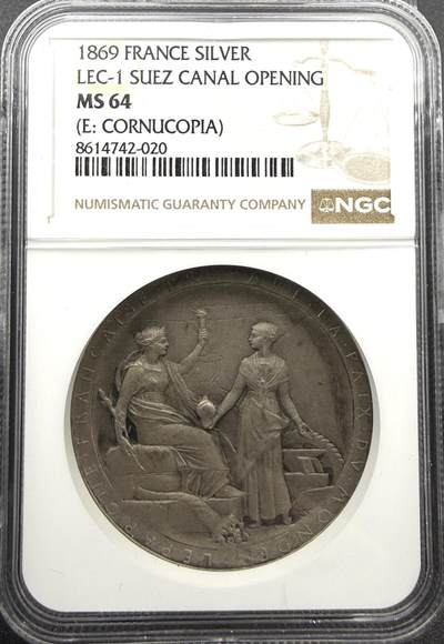 「木头集藏」“春启藏心”——章牌精品专场 - O.Roty～法国苏伊士运河开通纪念银章 MS64 ，直径：42mm，大师经典， 品相很好，同款收藏佳品。