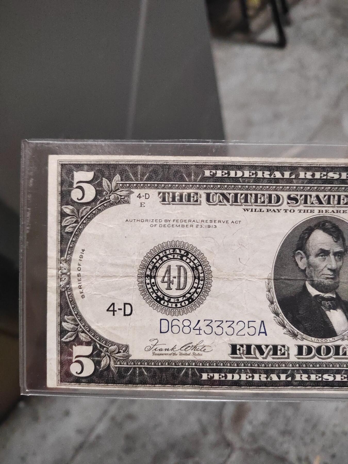 1914年5美元，早期美联储券，大尺寸版，品相如图