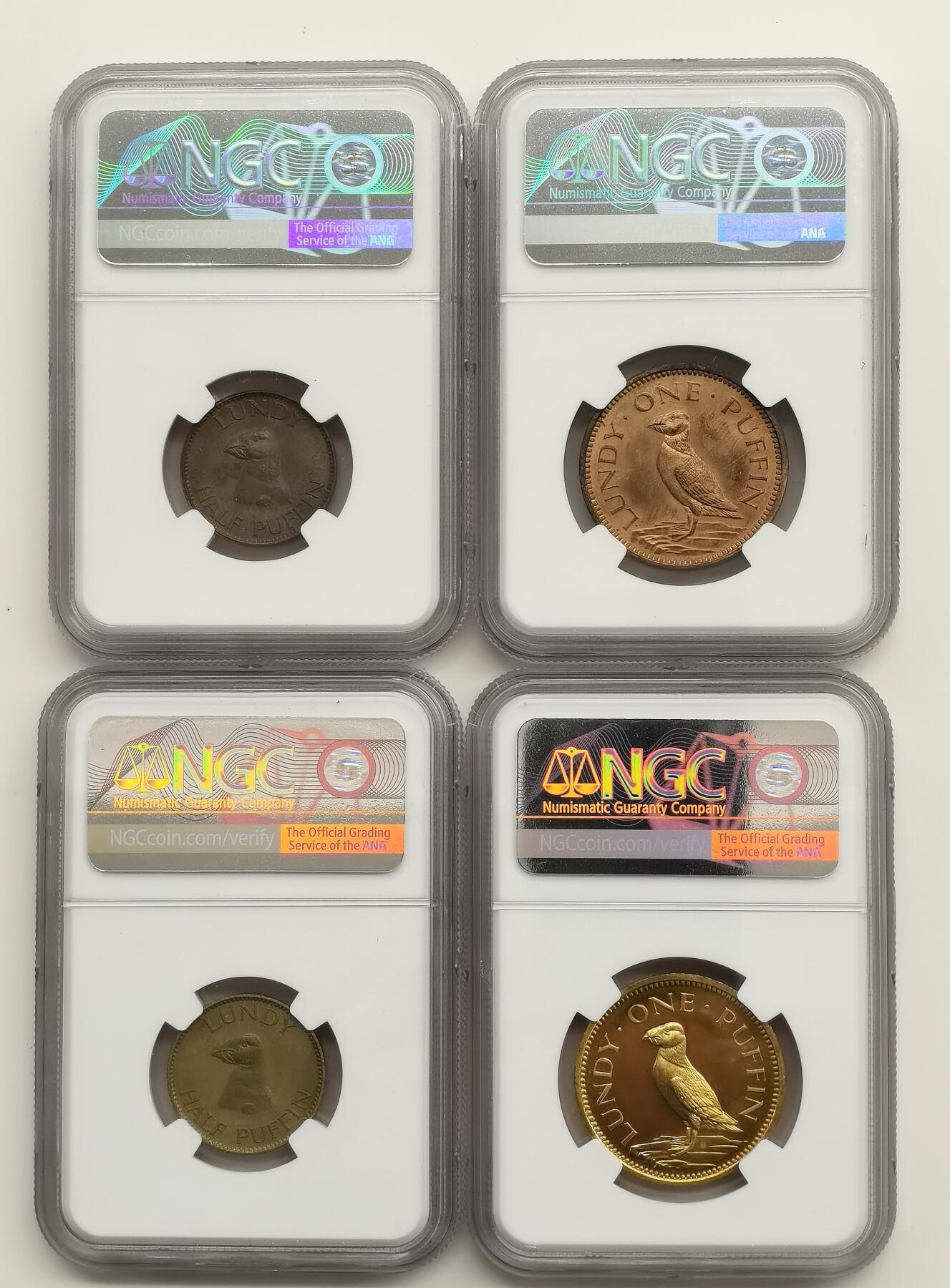 博洋堂“芳菲春韵”3月精品大拍专场暨第166期（全场包邮） NGC PF64-66 英国伦迪岛1965年半普分.1普分铜币4枚一套 带原盒证书 稀少