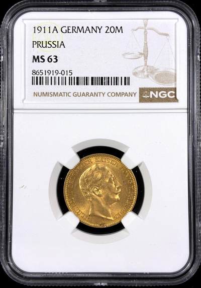 【雨安】【直播拍卖】【第0130期-评级币章】2026-03-28 周六 19:30 (金价981.33, 银价17.11) - [评级金铂] Germany [金币] 德国 帝国 J.252 Prussia普鲁士 20马克 (1890-1913) 威廉二世 1911年  NGC-MS63