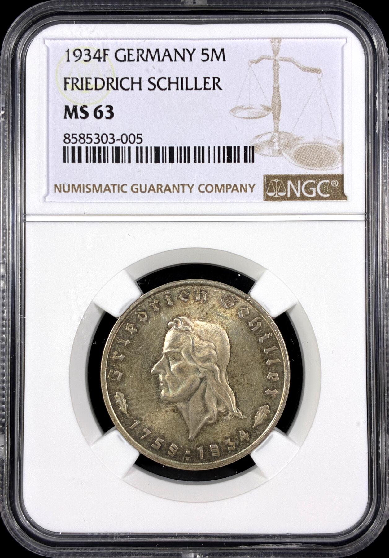 【雨安】【直播拍卖】【第0130期-评级币章】2026-03-28 周六 19:30 (金价981.33, 银价17.11) [评级德国] Germany 德国 第三帝国 5马克 KM#0085 (1934) 席勒 1934年F  NGC-MS63