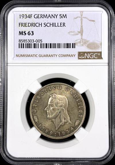 【雨安】【直播拍卖】【第0130期-评级币章】2026-03-28 周六 19:30 (金价981.33, 银价17.11) - [评级德国] Germany 德国 第三帝国 5马克 KM#0085 (1934) 席勒 1934年F  NGC-MS63