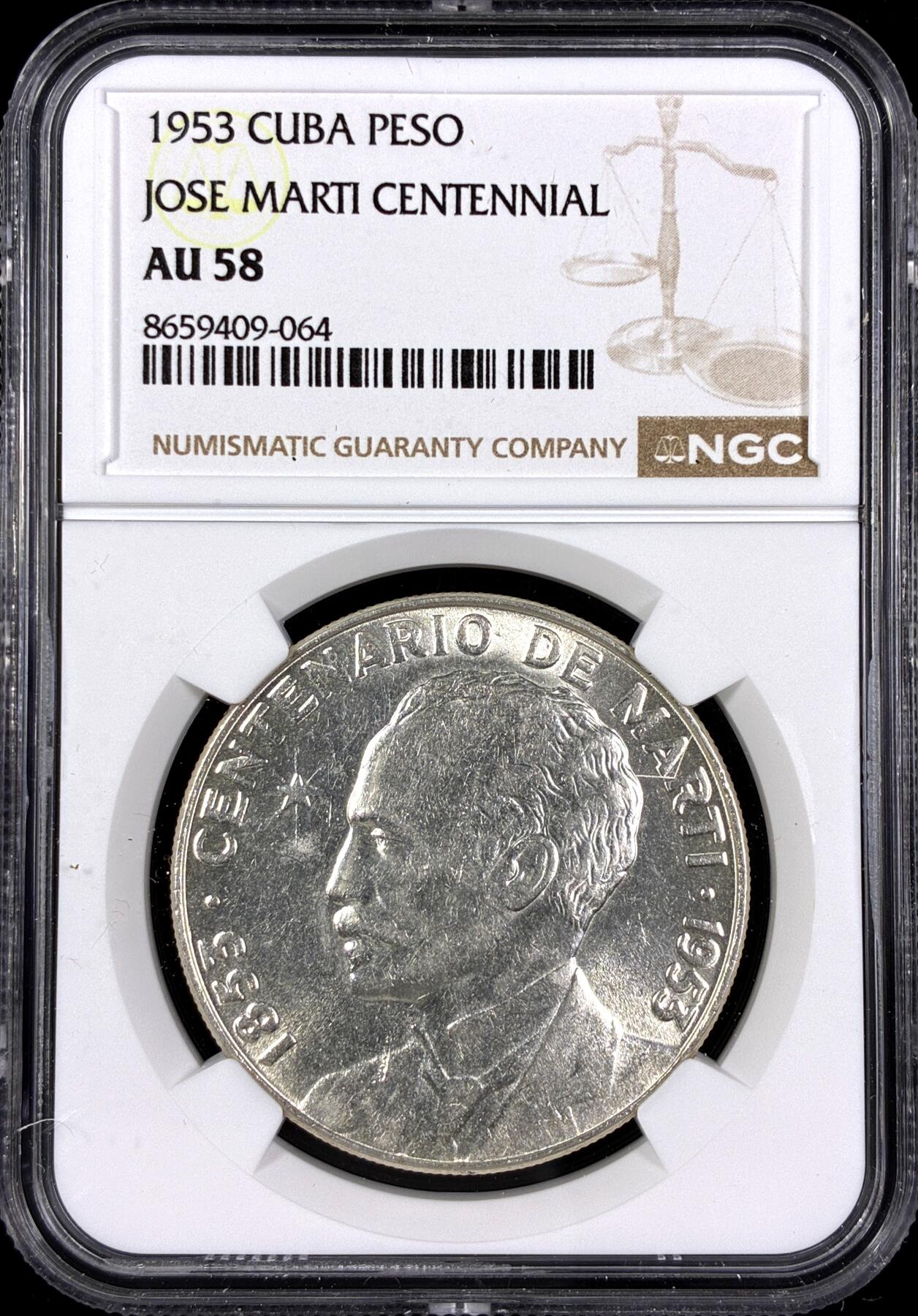 【雨安】【直播拍卖】【第0130期-评级币章】2026-03-28 周六 19:30 (金价981.33, 银价17.11) [评级美洲] Cuba 古巴 1比索 1953年 古巴名族英雄何塞·马蒂 KM# 29 [26.73 g., 0.900 Silver]  NGC-AU58