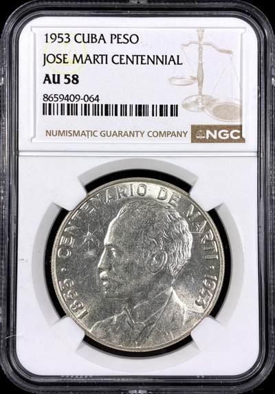 【雨安】【直播拍卖】【第0130期-评级币章】2026-03-28 周六 19:30 (金价981.33, 银价17.11) - [评级美洲] Cuba 古巴 1比索 1953年 古巴名族英雄何塞·马蒂 KM# 29 [26.73 g., 0.900 Silver]  NGC-AU58