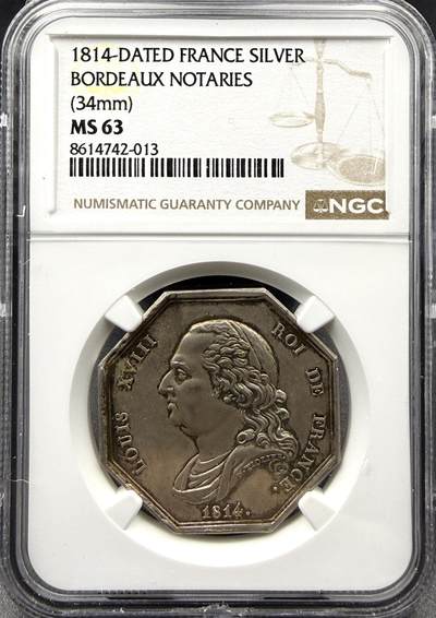 「木头集藏」“春启藏心”——章牌精品专场 - N.TIOLIER～1814年法国波尔多公证人协会八角银章，MS 63，直径：34 mm，早期无边铭原铸版。正面拉丁语：LEX EST QUODCUMQUE NOTAMUS，译为“我们所记录的，即是法律”，背面：吉伦特省波尔多区公证人协会。保存很不错！