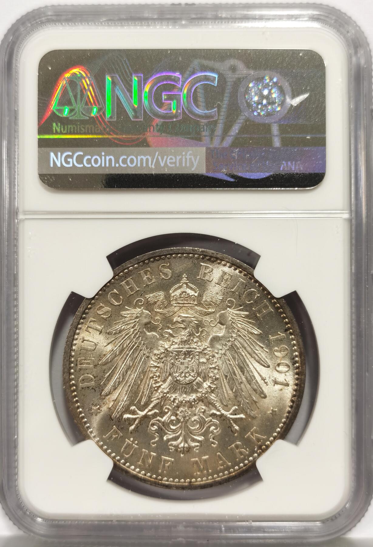 博洋堂“芳菲春韵”3月精品大拍专场暨第166期（全场包邮） NGC MS64 德国普鲁士1901年建国纪念5马克银币 光感强烈淡彩自然