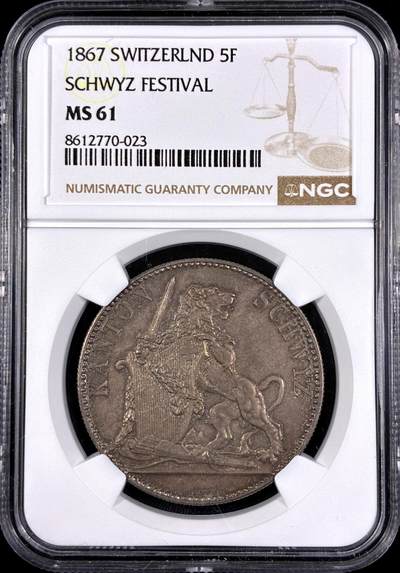【雨安】【直播拍卖】【第0130期-评级币章】2026-03-28 周六 19:30 (金价981.33, 银价17.11) - [评级欧洲] Switzerland 瑞士 射击节 5法郎 1867年 X# S9 施維茨  NGC-MS61 原味欧洲淡美包浆