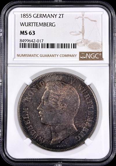 【雨安】【直播拍卖】【第0130期-评级币章】2026-03-28 周六 19:30 (金价981.33, 银价17.11) - [评级德国] Germany 德国 德意志 2泰勒 Wurttemberg符腾堡 Thun.436 KM#0586 (1840-1855) 1855年  NGC-MS63 原味欧洲五彩包浆, 打制深俊