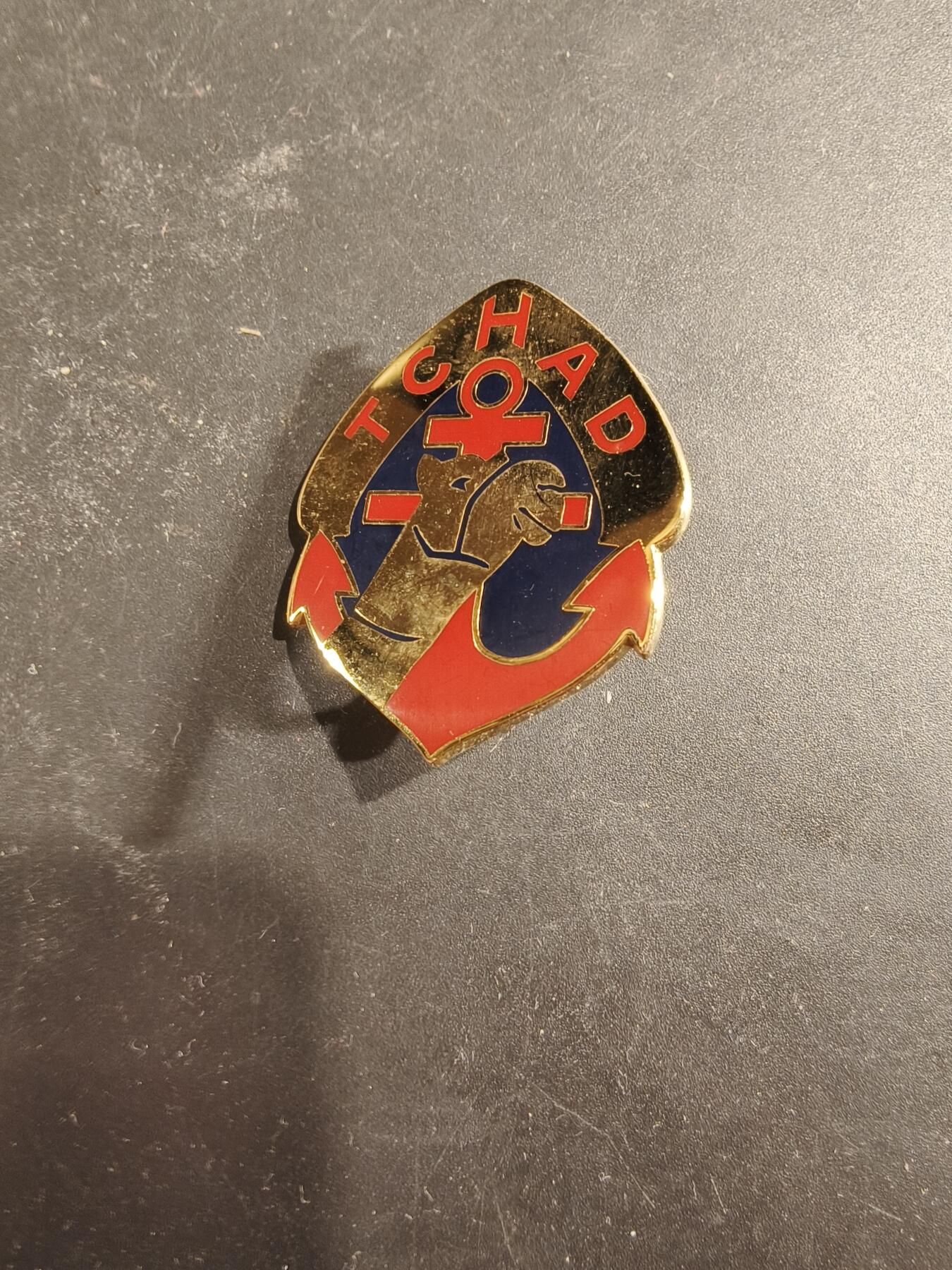 老王徽章第189期 法国陆军乍得挺进团证章     乍得行军团成立于1943年7月，是法国海军陆战队下属的一支机械化步兵部队。该团曾是著名的勒克莱尔第2装甲师的一部分，在二战期间参与了诺曼底登陆及巴黎解放等关键战斗。特别值得一提的是，该团的第九连被称为“La Nueve”，主要由在法作战的西班牙共和派志愿者组成，他们是首批进入巴黎解放现场的盟军士兵之一