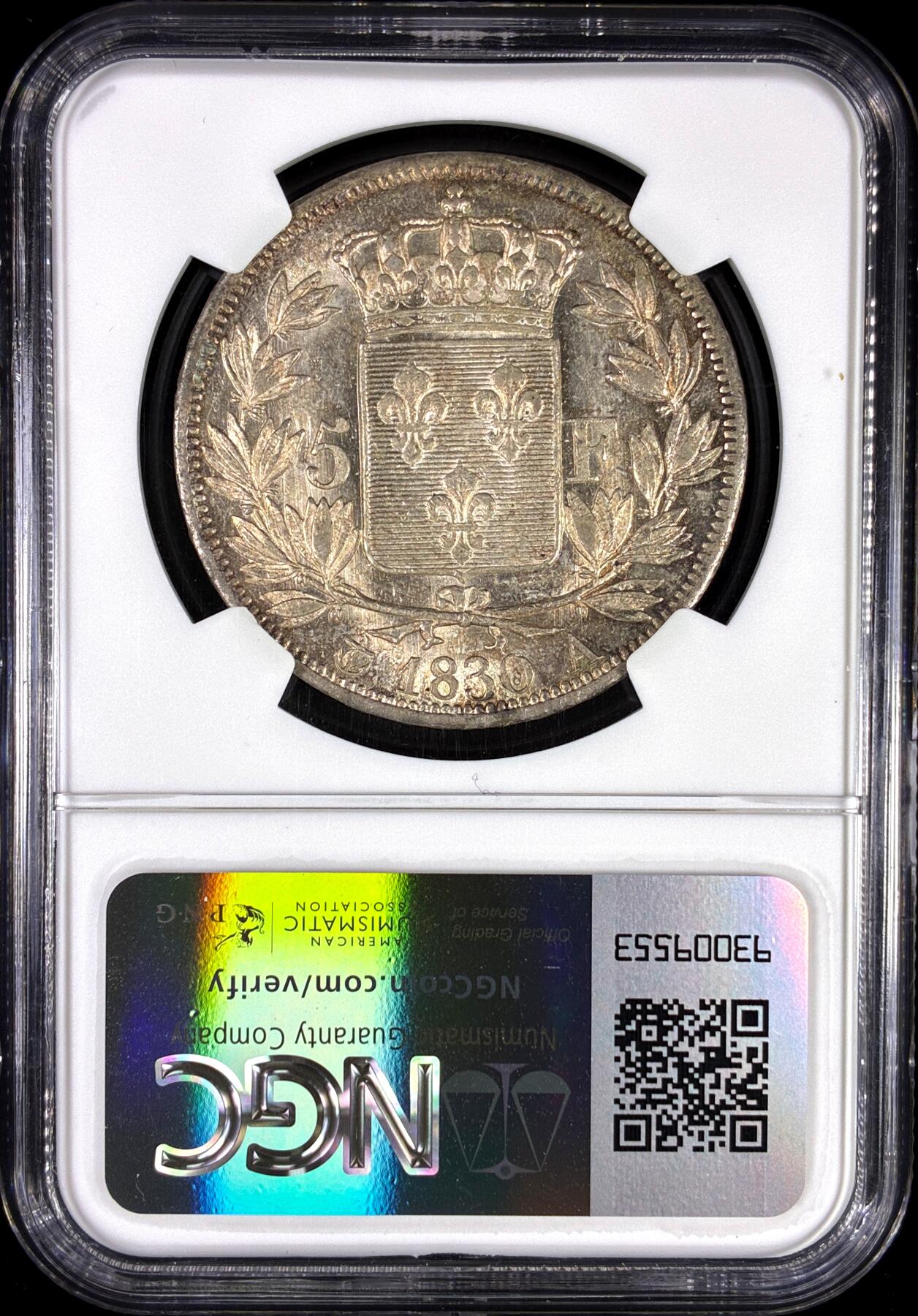 【雨安】【直播拍卖】【第0130期-评级币章】2026-03-28 周六 19:30 (金价981.33, 银价17.11) [评级法国] France 法国 5法郎 KM#0728 (1827-1830) 查理十世 1830年  NGC-AU58 光度极好, 严评, 有MS的感觉