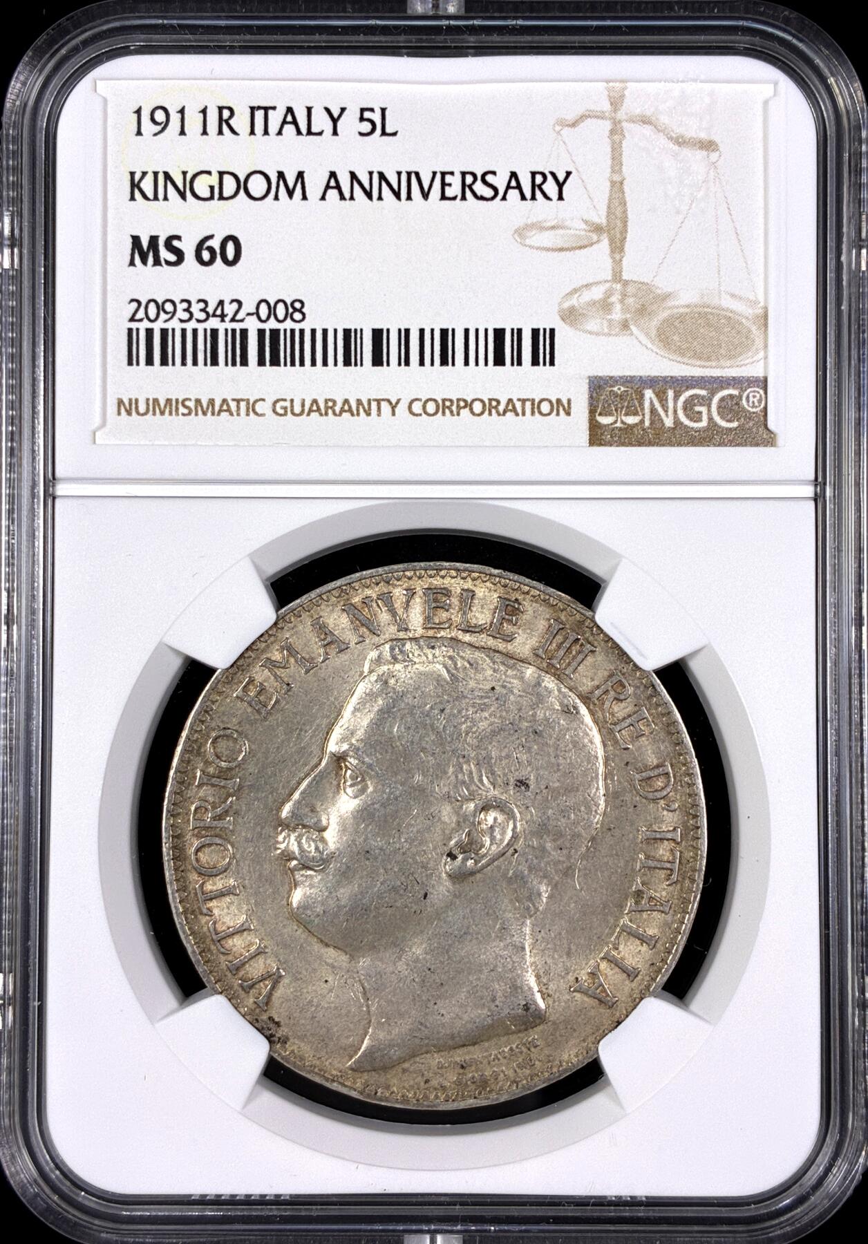 【雨安】【直播拍卖】【第0130期-评级币章】2026-03-28 周六 19:30 (金价981.33, 银价17.11) [评级欧洲] Italy 意大利 5里拉 KM#0053 (1911) 意大利王国建国50周年 1911年  NGC-MS60