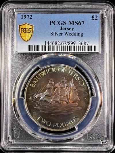 【雨安】【直播拍卖】【第0130期-评级币章】2026-03-28 周六 19:30 (金价981.33, 银价17.11) - [评级现代] Jersey 泽西 2镑 1972年 银婚  PCGS-MS67