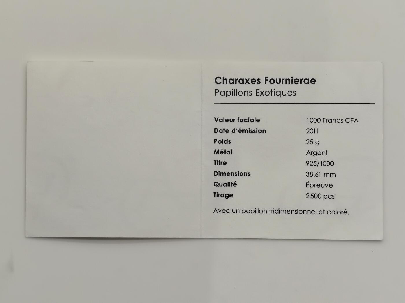 博洋堂“芳菲春韵”3月精品大拍专场暨第166期（全场包邮） 喀麦隆2011年1000中非法郎精制银币 异域彩蝶-螯蛱蝶（带3D彩蝶模型）25克925银 发行量：2500 带证