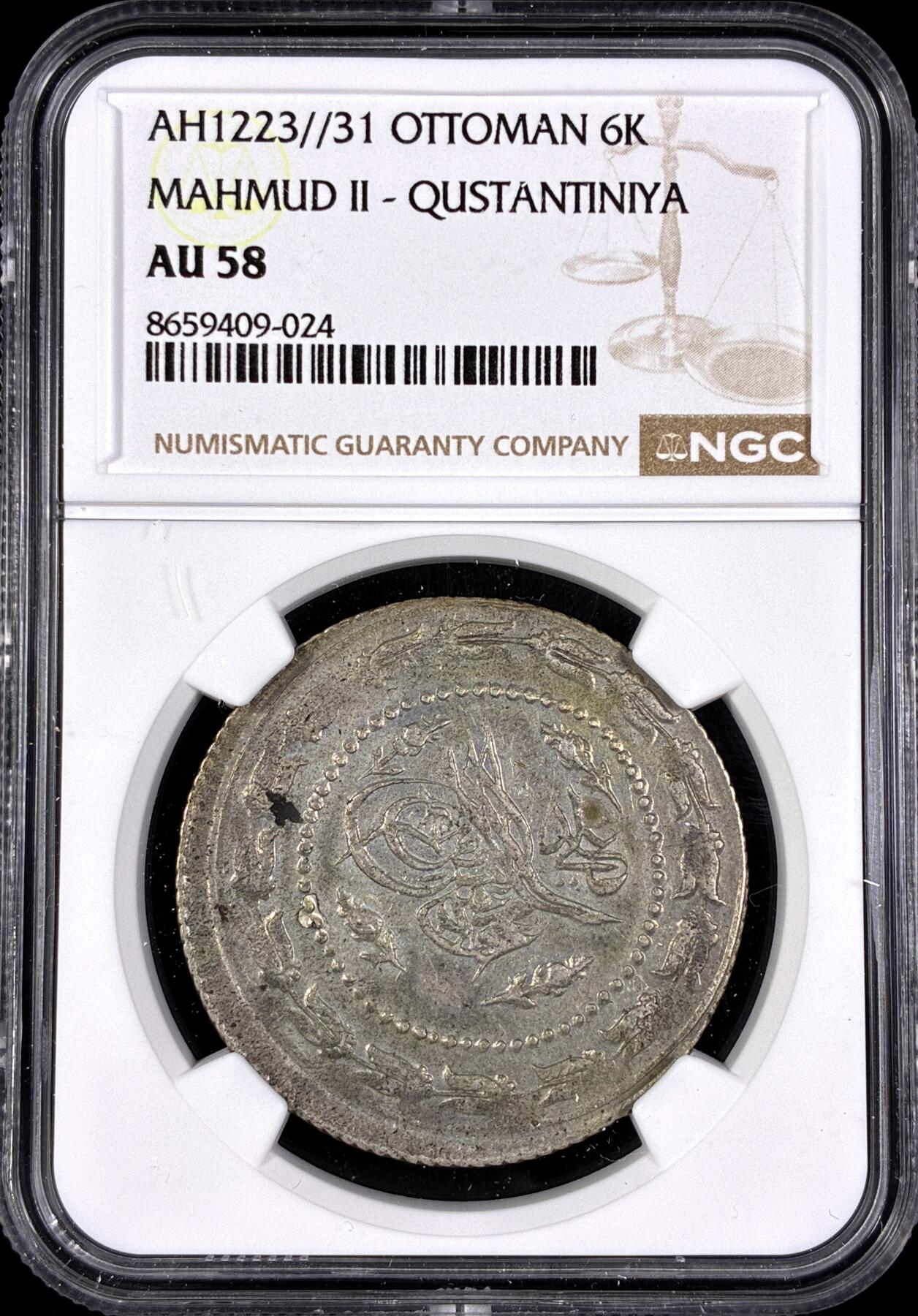 【雨安】【直播拍卖】【第0130期-评级币章】2026-03-28 周六 19:30 (金价981.33, 银价17.11) [评级欧洲] Turkey 土耳其 奥斯曼帝国 马哈茂德二世 6K AH1223//31  NGC-AU58