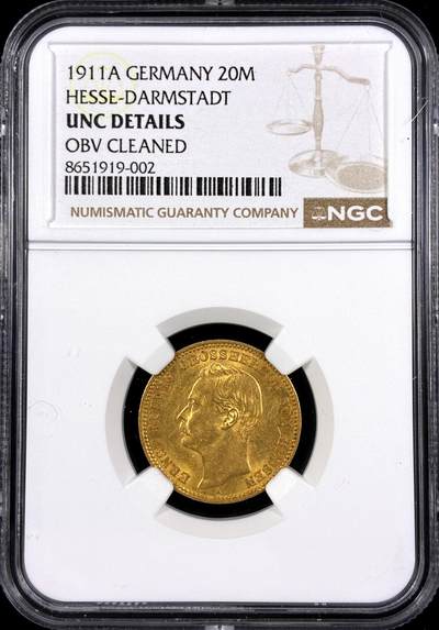 【雨安】【直播拍卖】【第0130期-评级币章】2026-03-28 周六 19:30 (金价981.33, 银价17.11) - [评级金铂] Germany [金币] 德国 帝国 J.226 Hesse-Darmstadt黑森-达姆施塔特 20马克 ( 1905-1911) 恩斯特·路德维希 1911年  NGC-UNC 光度极佳, 严评 稀少德国20马克品种