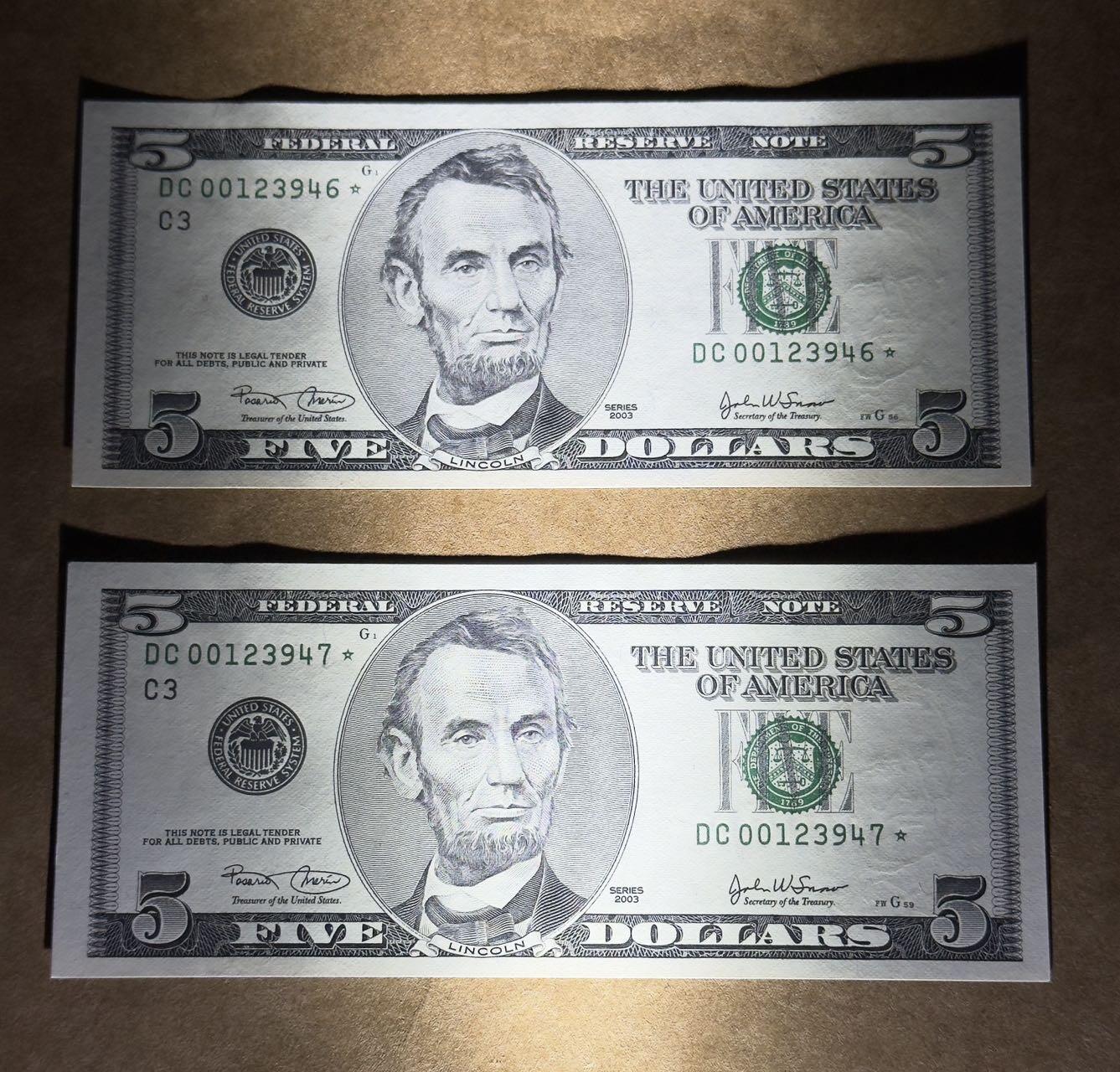 【礼羽收藏】🌏世界钱币拍卖第130期 03年黑白大头5美元补号连号全新unc品相